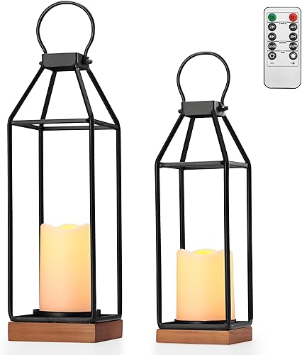 Perfnique Farol de metal negro con madera de pino, 2 faroles decorativos con temporizador de 6 horas, velas parpadeantes sin llama, portavelas de