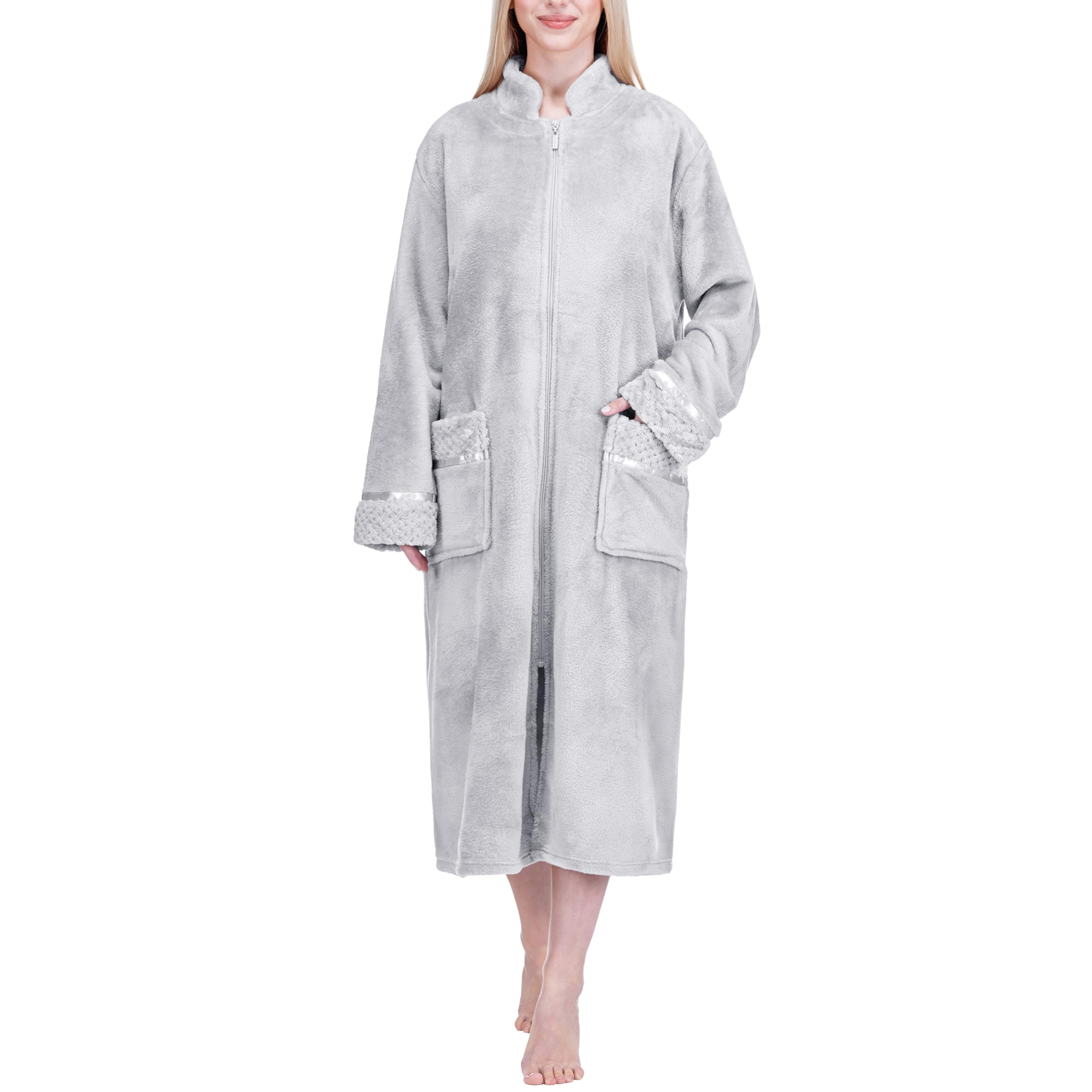 PAVILIA Womens Housecoat Zip Robe, Fleece Zip Up Front Robe Bathrobe, Plush Warm Zipper House Coat Lounger with Pockets, Long