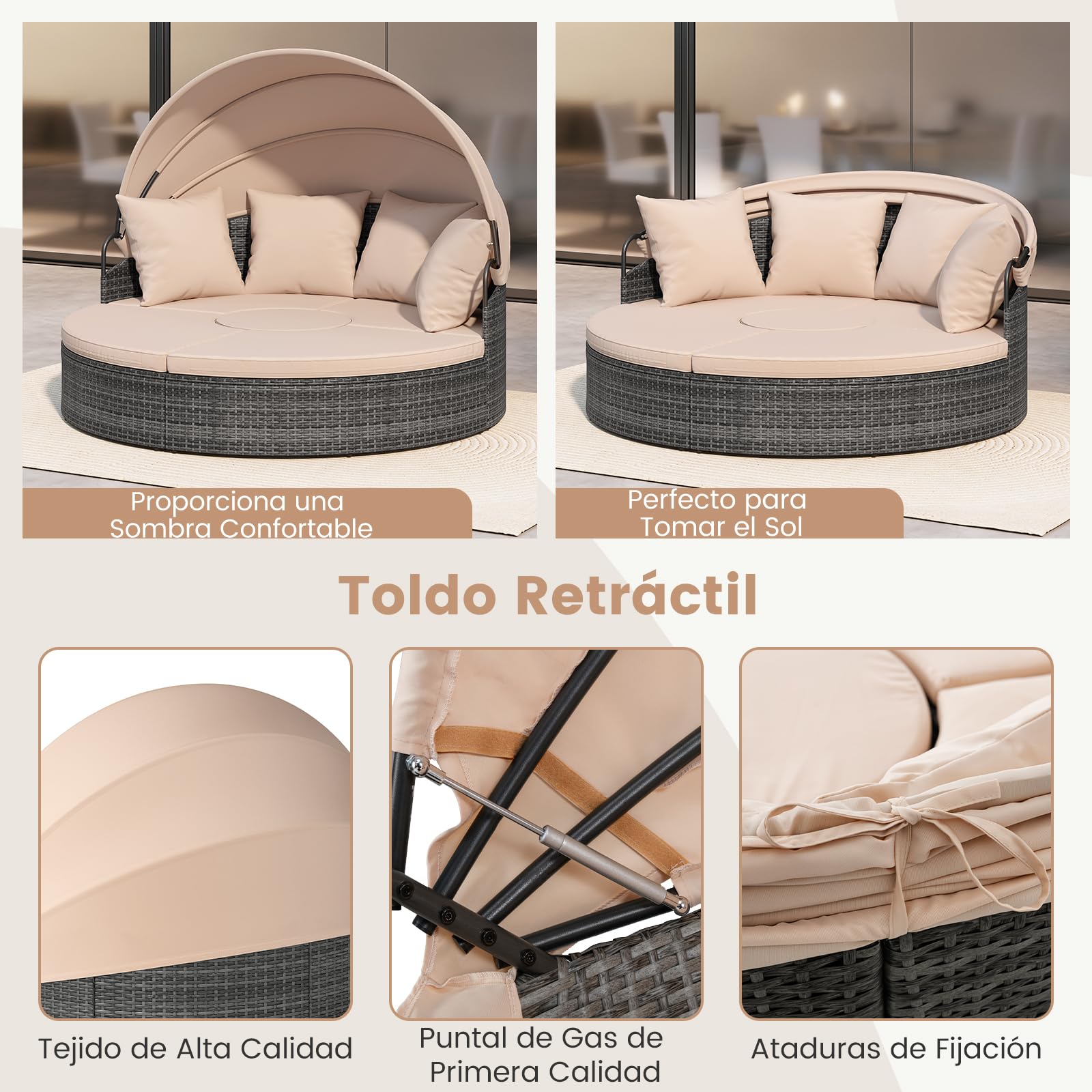 COSTWAY Cama Balinesa Exterior Jardin, Redondo con Dosel Retráctil, Tumbona Isla de Ratán, Cojines Suaves, Conjunto Jardin Terraza Balcon Piscina Exterior, 172 x 180 x 141 cm (Beige)
