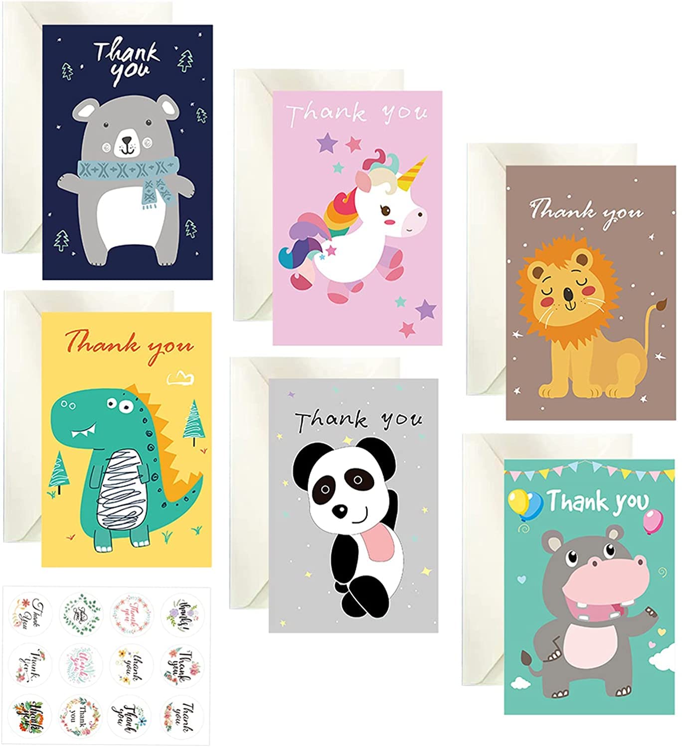 KASTWAVE Thank You Cards Pack, 12 Pcs Animal Thank You Greeting Cards with 12Pcs Stickers and 12Pcs Envelopes, Kids Thank You Cards for Teacher Birthday Children Weddings Baby Shower (6 Design)