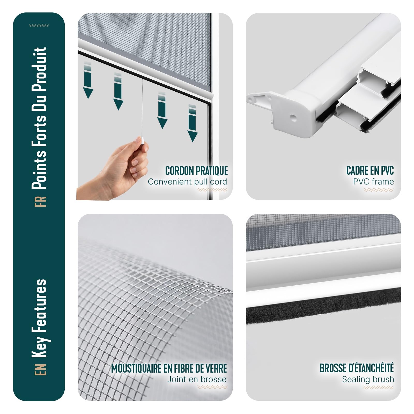 VOUNOT® Store Moustiquaire Fenêtre Enroulable en PVC Recoupable avec Maille en Fibre de Verre Store Moustiquaire Installation Facile L80 x H130 cm Blanc