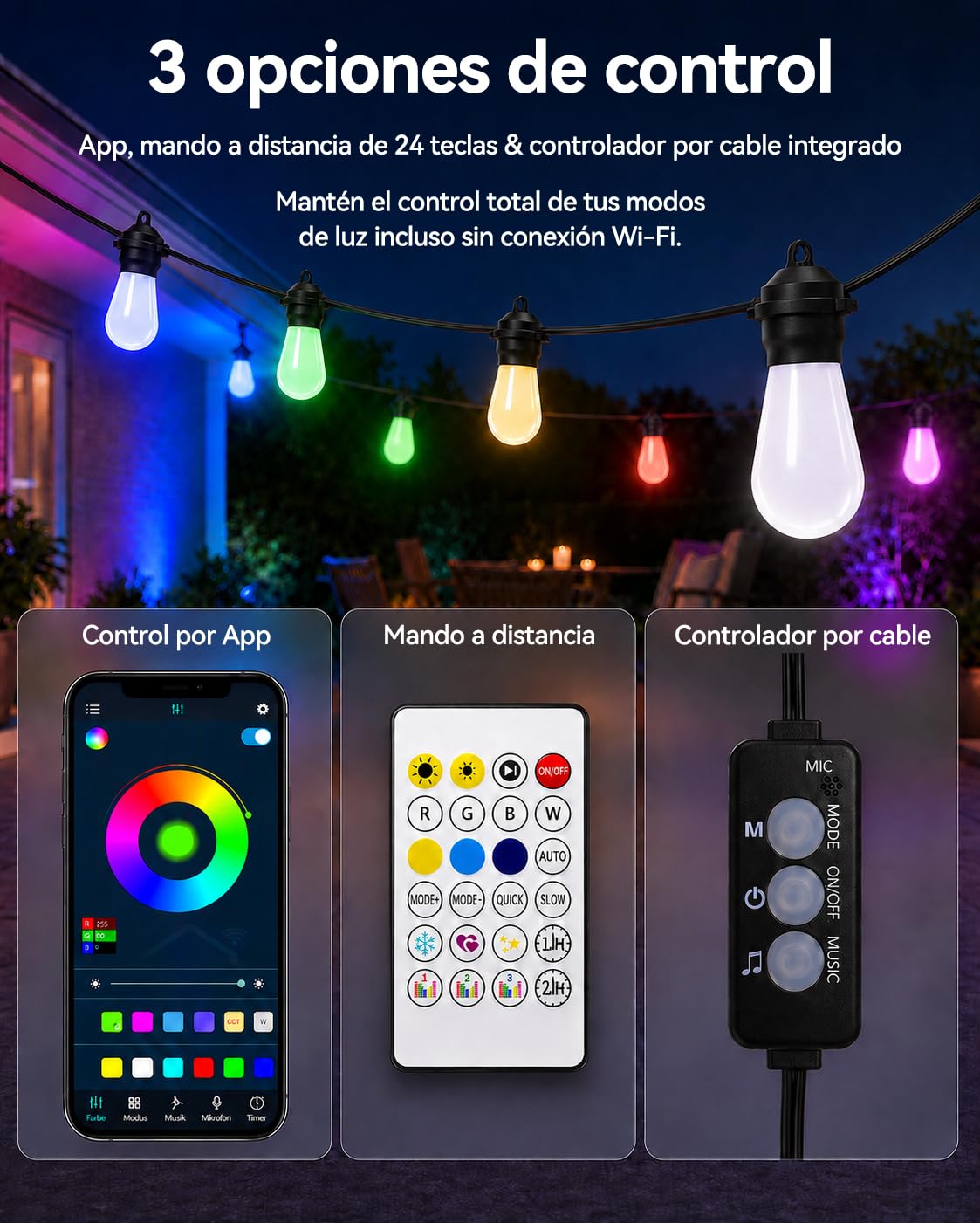 Meevt Guirnalda Luces Exterior RGB 20M, Luces LED Jardín Regulables S14