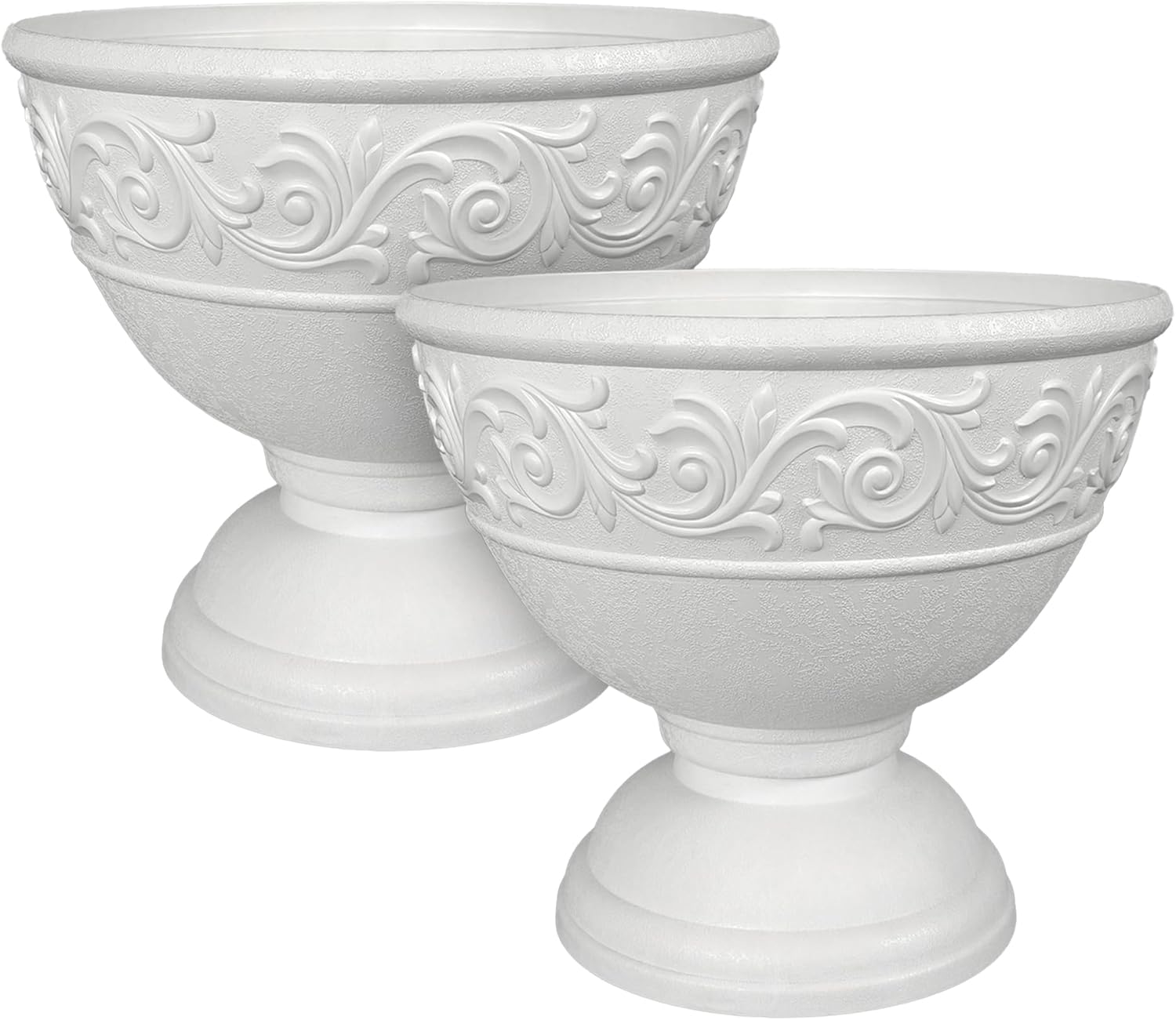 17.7 Inch Large Outdoor Planters with Drainage Holes, Set of 2, Decorative Pedestal Flower Pots for Garden, Patio or Faux Plants, Classical Holy Grail Style (White)