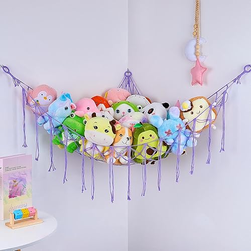 Miniatura 7 de FIOBEE Red de animales de peluche o hamaca, organizador de almacenamiento de animales de peluche, decoración bohemia para colgar en la pared para