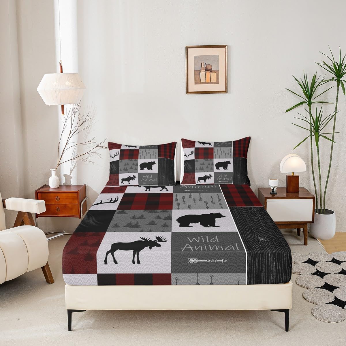 Queen Size Bear Print Bed Sheet Set Boys Girls Wild Animal Fitted Sheet for Kids Women Men Ultra Soft Rustic Cabin Country Bedding Set Red Grey Bed Cover Room Decor