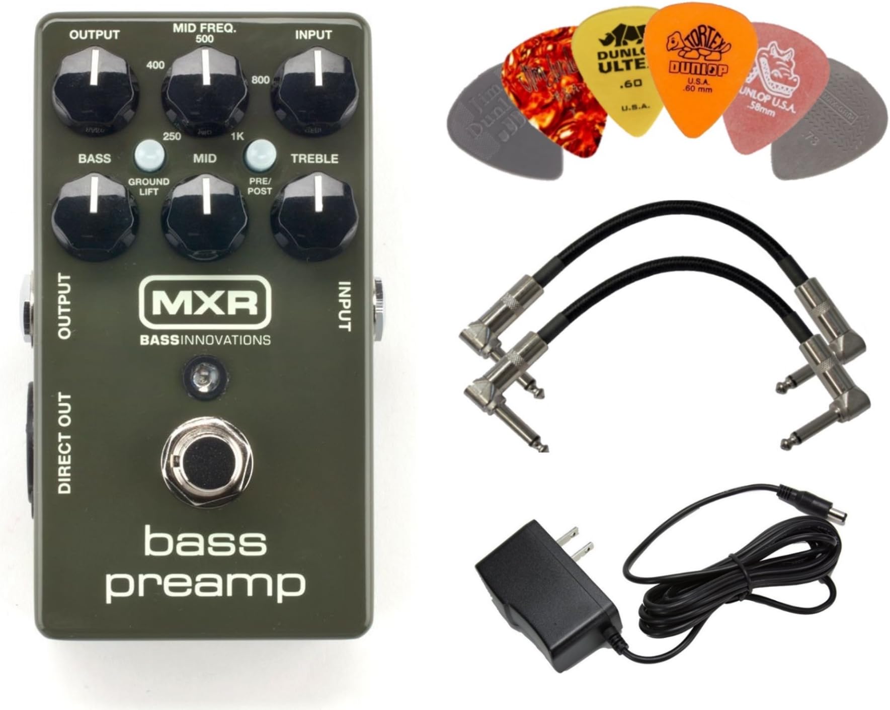 M81 Bass Preamp Pedal Bundle with 9V Power Supply, 2 Patch Cables and 6 Dunlop Picks