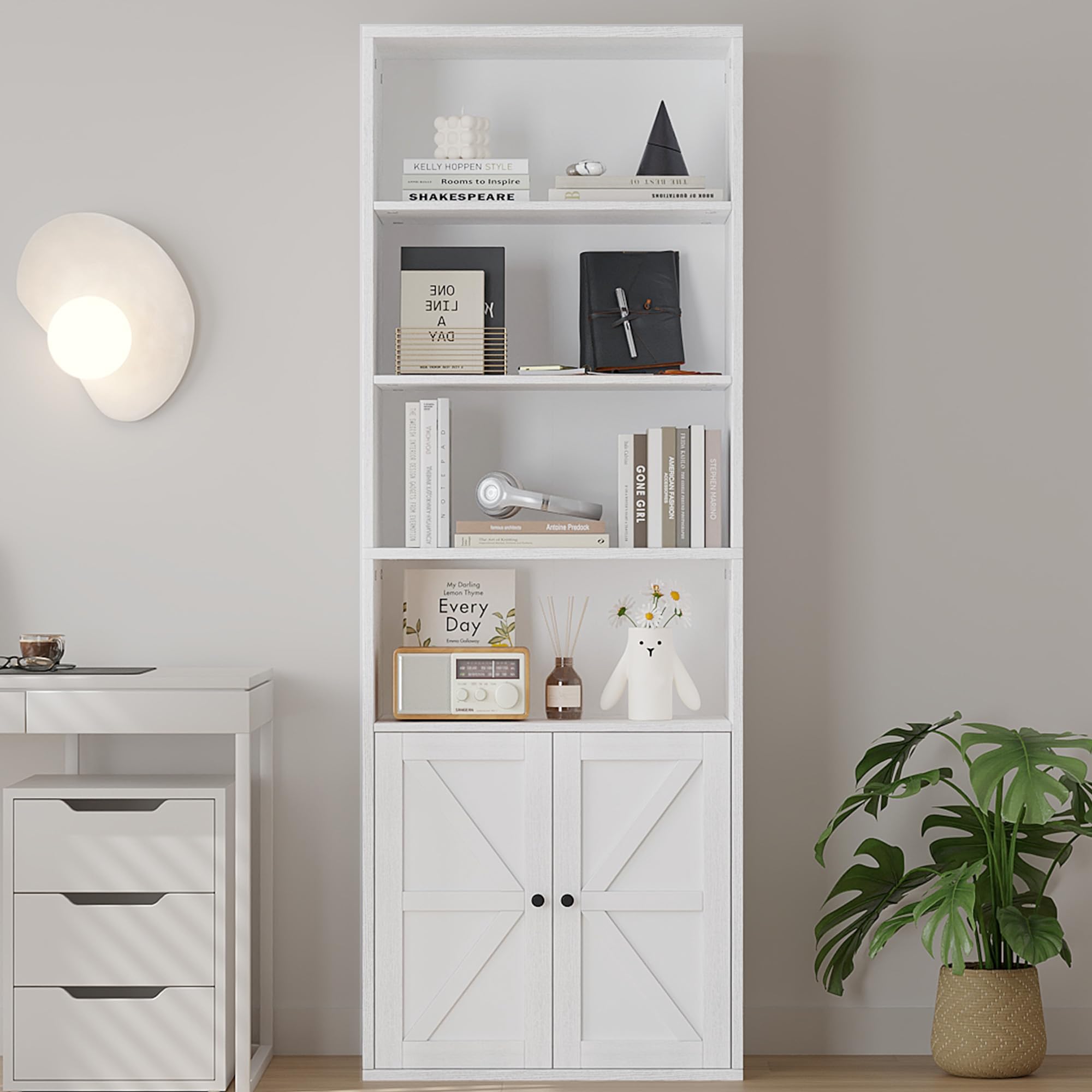 Librería Alta con Puertas de Estilo Granero, Estantería Rústica con 4 Niveles Abiertos y Armario, para Oficina, Estudio, Salón y Dormitorio, Blanco, 60x30x181cm