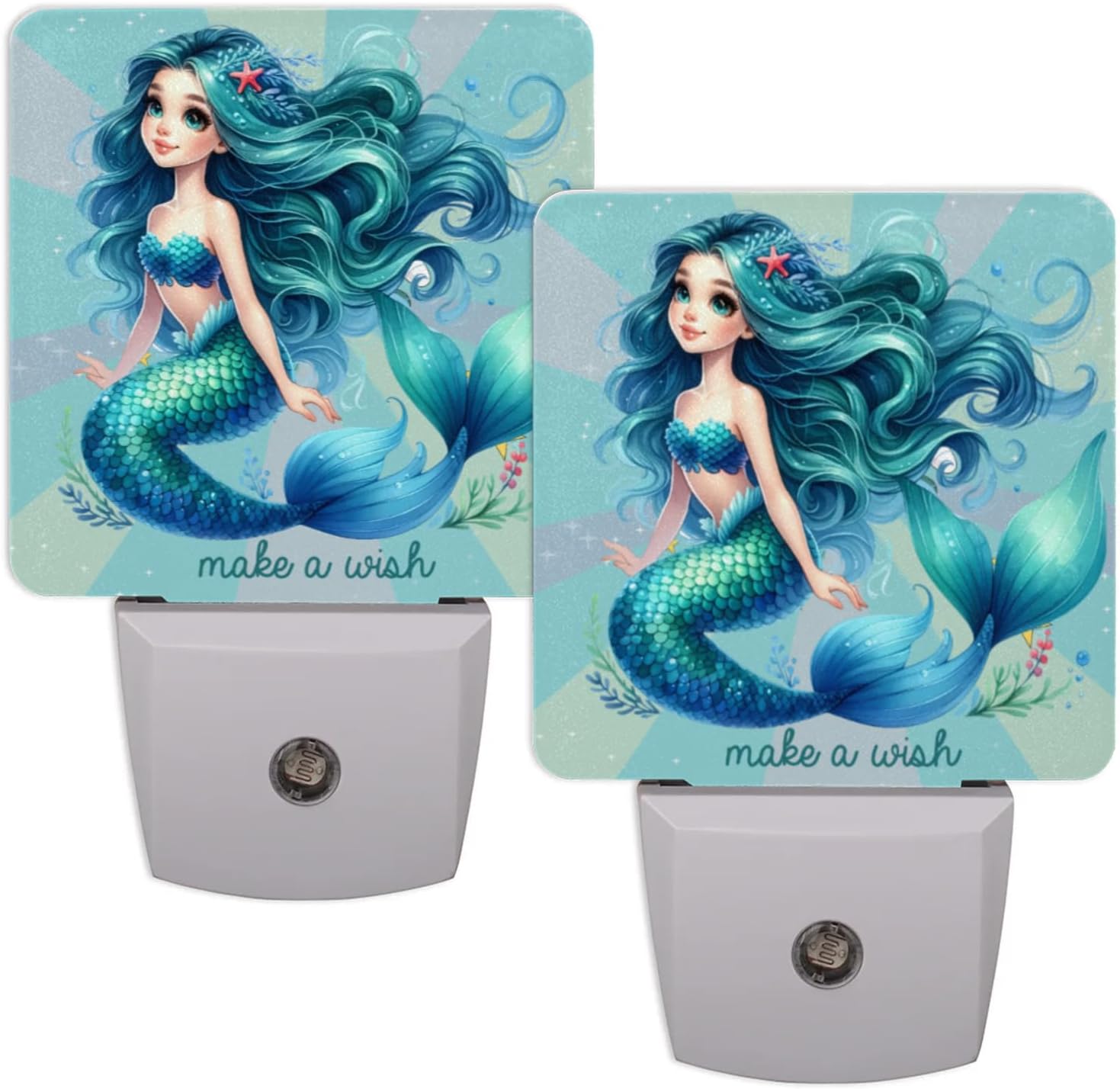 Pardick Turquoise Teal Mermaid Girl Plug in Night Light Set of 2 LED Nightlights Auto Dusk to Dawn Sensor Nightlight Lamp for Kids Boy Girls Room Bedroom Bathroom Kitchen Hallway Nursery Stairs Decor
