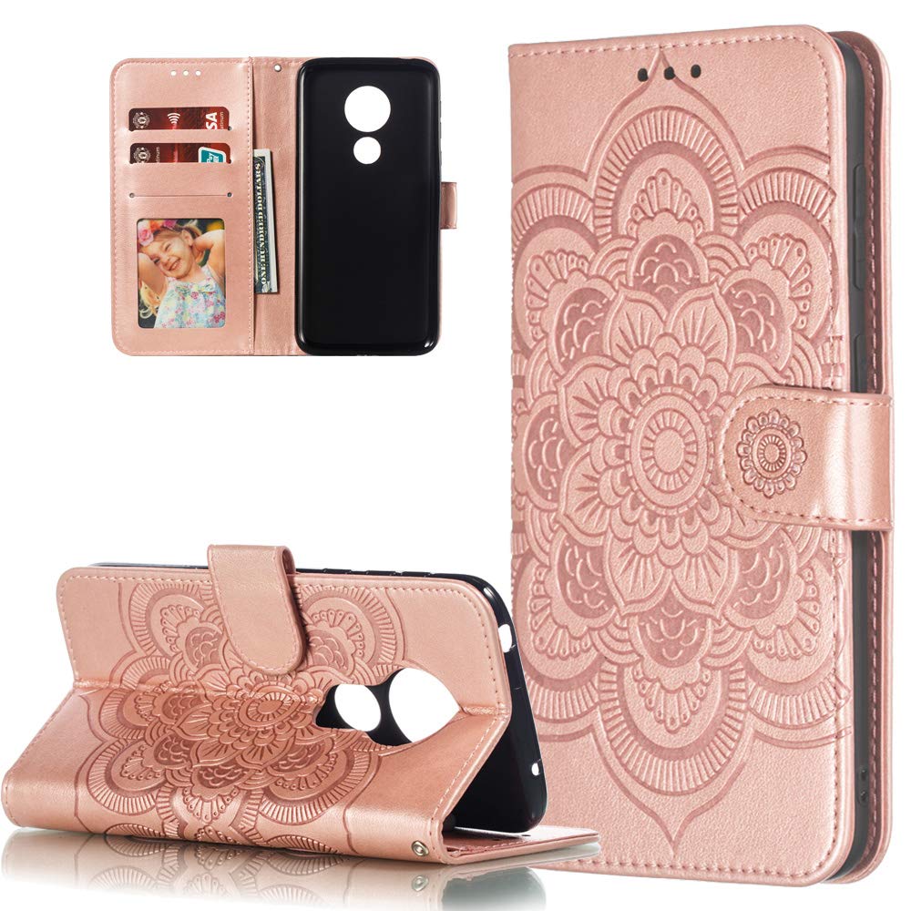 COTDINFOR Motorola Moto G7 Power Case PU Leather for Girls Elegant Retro Shockproof Cover With Card Holder Magnetic lock Slim Case For Motorola Moto G7 Power Rose Gold Mandala LD.