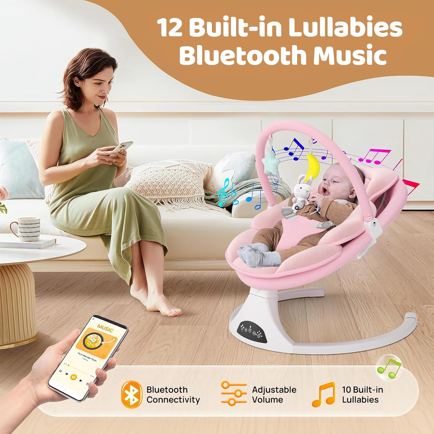 Electric Baby Swing with Remote Control - 5 Natural Motion Speeds, Detachable Seat Pad | Portable Infant Swing for Indoor/Outdoor Use (0-6M, 20lbs) (Pink)