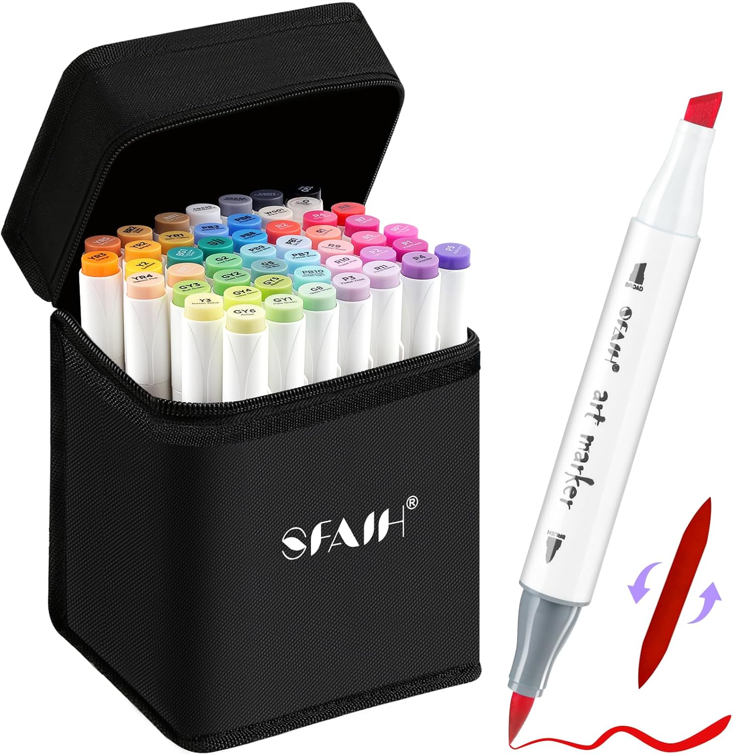 SFAIH 48 Colors Alcohol Markers - Dual Tips Art Set, Brush & Chisel Nibs, Ideal for Artists & Adults, Coloring, Drawing & Illustration, Includes 1 Blender