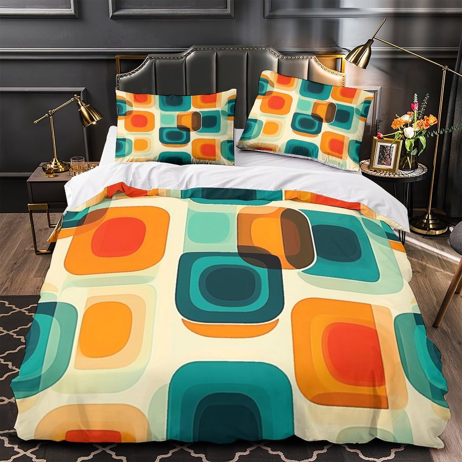 Housse de couette microfibre respirante motif géométrique rétro 3D double
