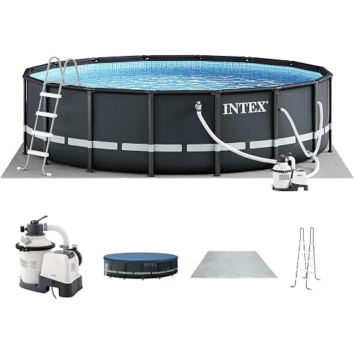 Intex Ultra XTR Frame 14' x 42" Round Above Ground Outdoor Swimming Pool Set with Sand Filter Pump, Ladder, Ground Cloth, and Pool Cover
