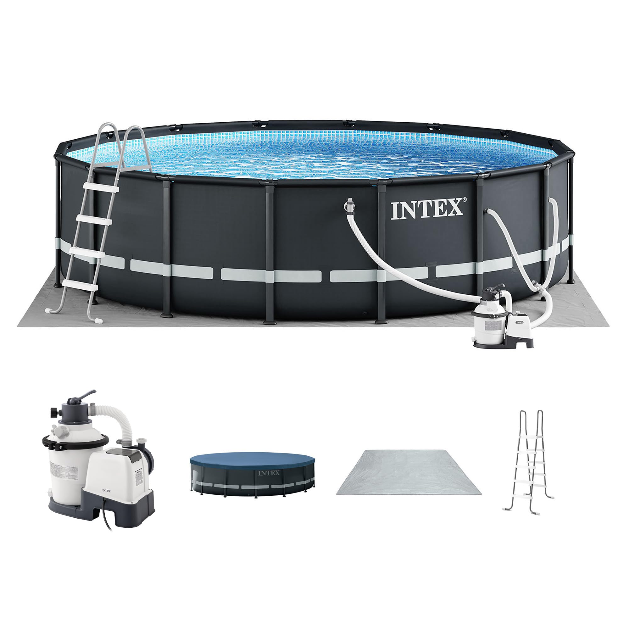 Photo 1 of Intex Ultra XTR Frame 14' x 42" Round Above Ground Outdoor Swimming Pool Set with Sand Filter Pump, Ladder, Ground Cloth, and Pool Cover