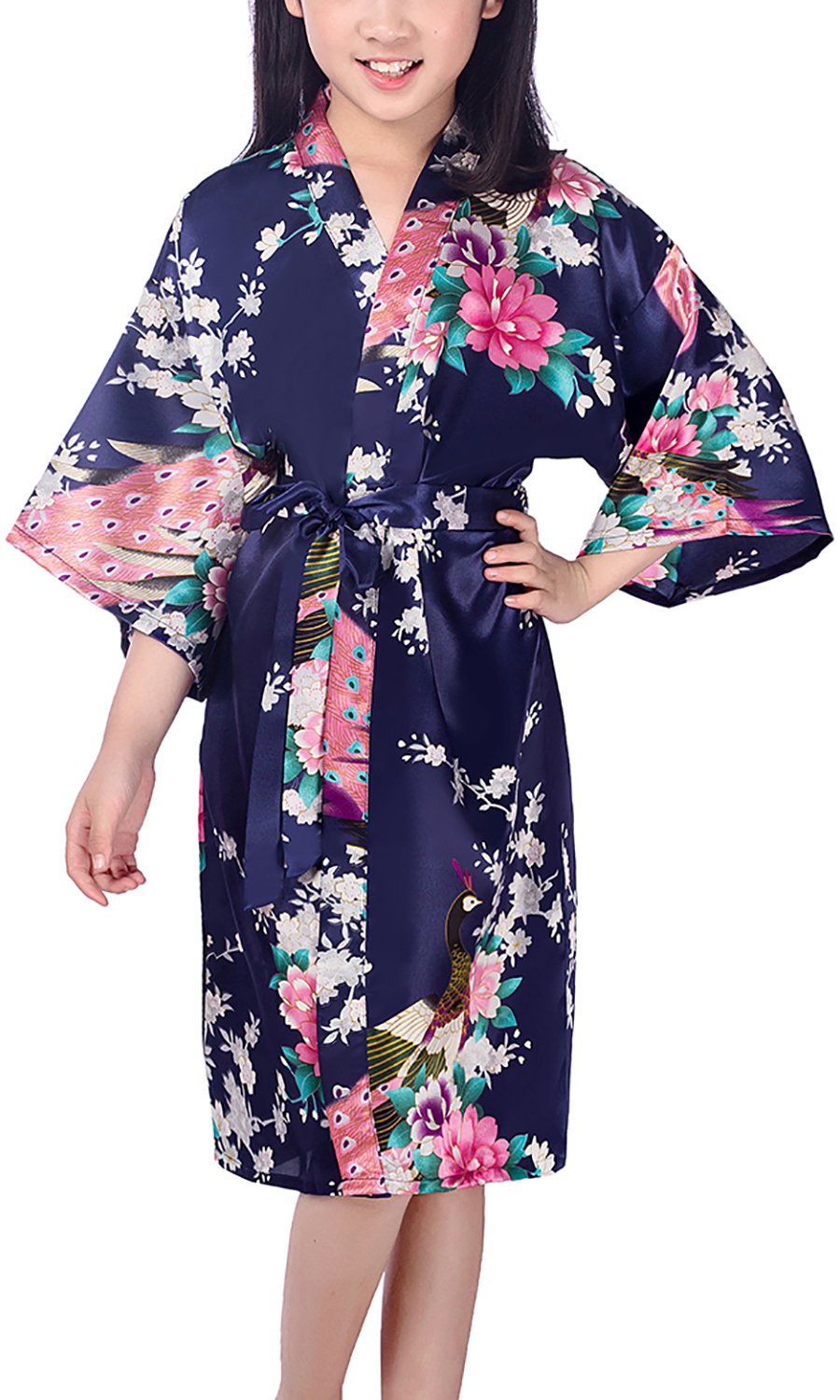 YAOMEI Niños Niña Vestido Kimono Satén Camisón para Niña, Peacork Flores Robe Albornoz Ropa de dormir Pijama Spa natación cumpleaños