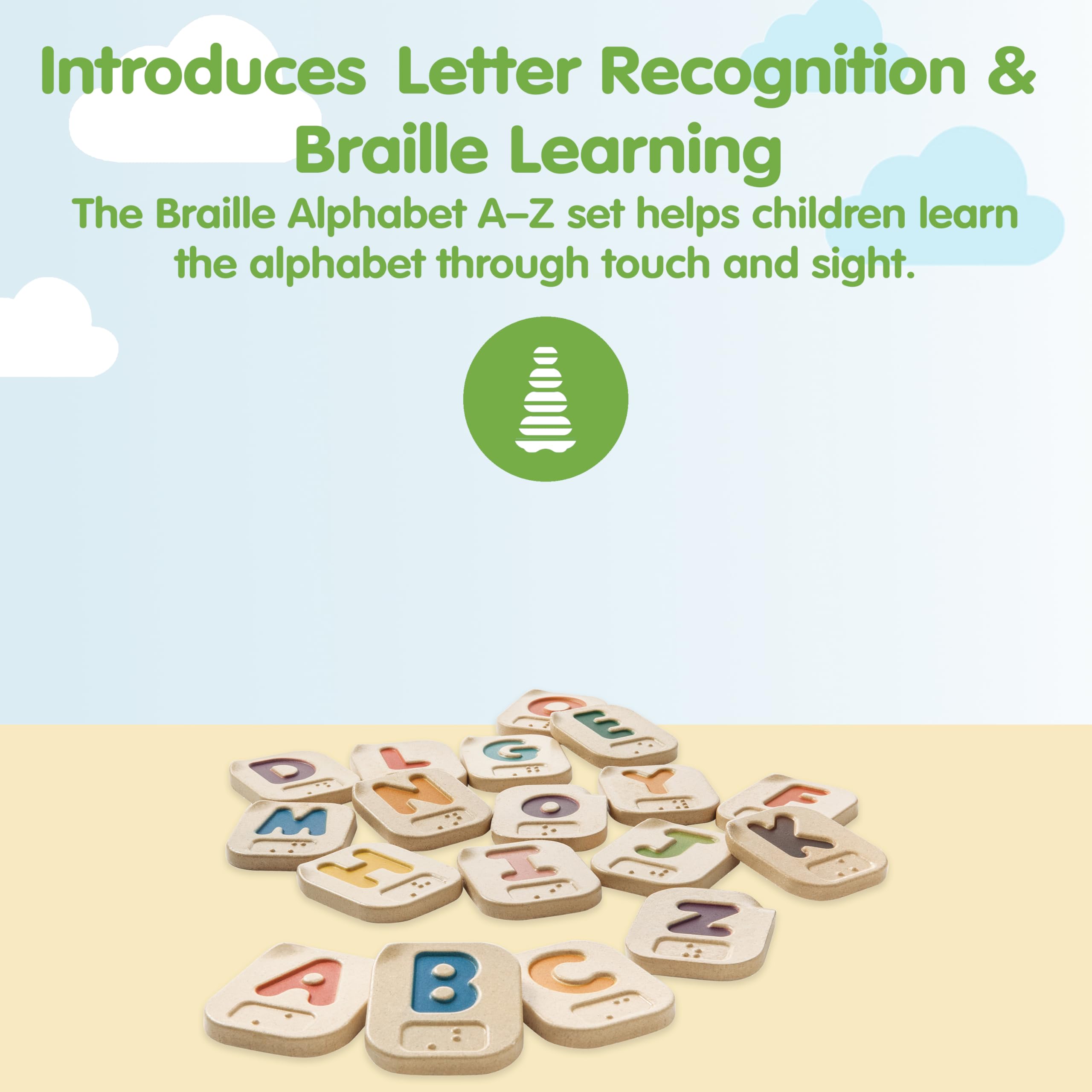 PlanToys Alphabet Braille A-Z - Apprendre le Braille pour Enfants - Jouet Éducatif en Bois - 26 Tuiles en Bois avec Lettres Majuscules et Minuscules