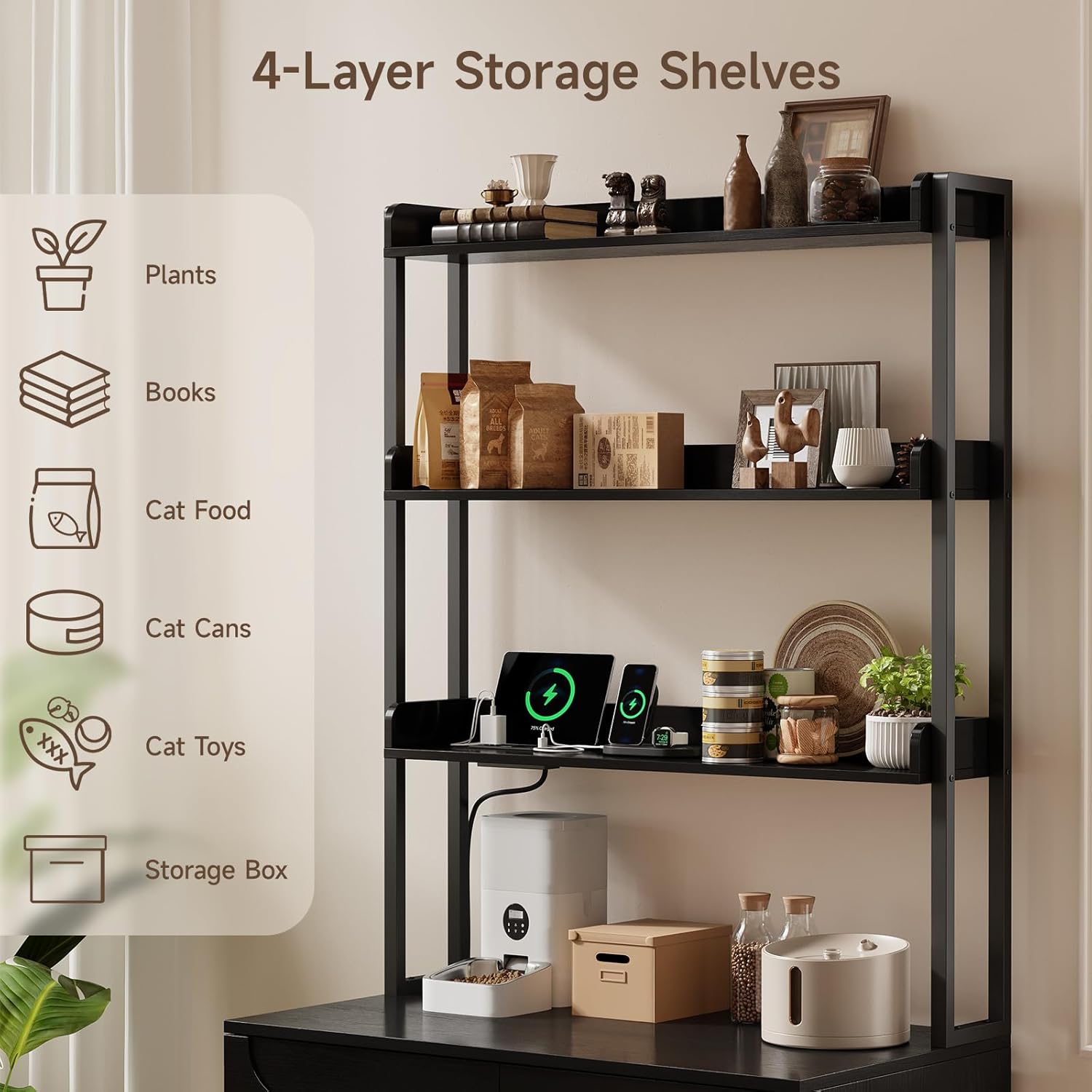 ONBRILL 68" Cat Litter Box Enclosure Furniture, Hidden Litter Box Cabinet with 4-Tier Storage Shelves and Outlet, Kitty Washroom Cabinet and Pet House, Fit Most of Litter Boxes for Living Room, Black