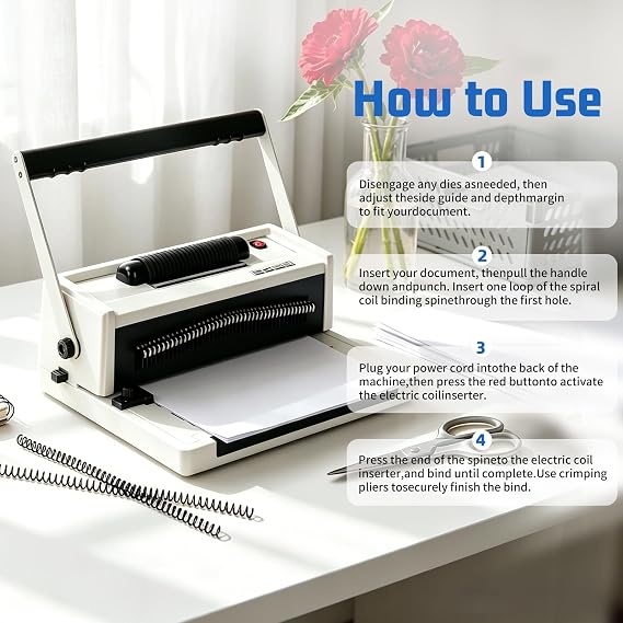 Vagbstu Coil Binding Machine with Electric Coil Inserter and Adjustable Side Margin, 20-Sheet Manual Punch,46 Fully Disengageable Dies,4:1 Pitch,Binds up to 500 Sheets - Includes 100 Coils