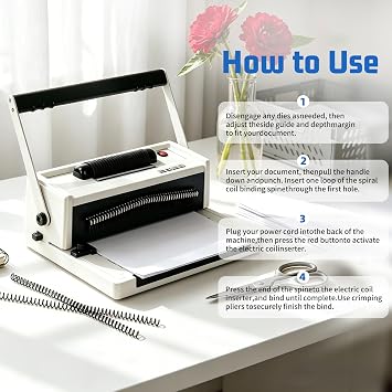 Vagbstu Coil Binding Machine with Electric Coil Inserter and Adjustable Side Margin, 20-Sheet Manual Punch,46 Fully Disengageable Dies,4:1 Pitch,Binds up to 500 Sheets - Includes 100 Coils