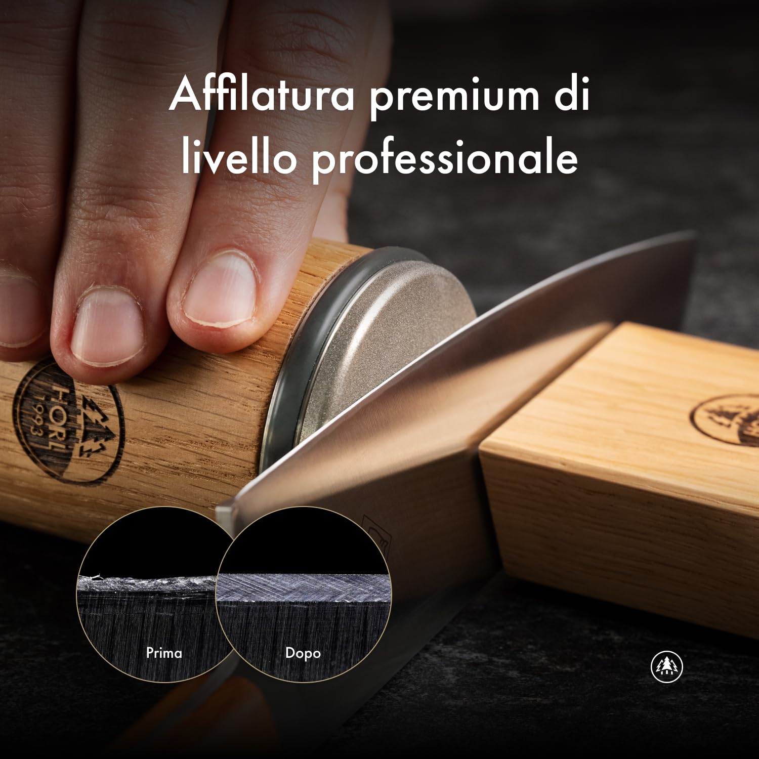 Affilacoltelli a rullo HORL 2 quercia - Made in Germany - Kit per affilare facilmente i coltelli - Affilacoltelli a rullo con supporto magnetico a 15 e 20 gradi