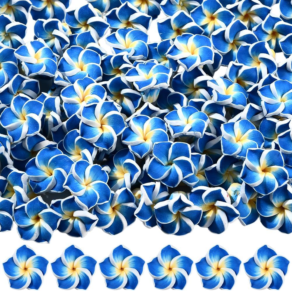 SUNNYCLUE 1 Box 100Pcs 15mm Hawaiian Flower Beads Frangipani Flower Beads Blue Clay Plumeria 3D Summer Life Hawaii Beach Blossom Floral Loose Spacers for Jewelry Making Necklace Bracelet DIY Crafts