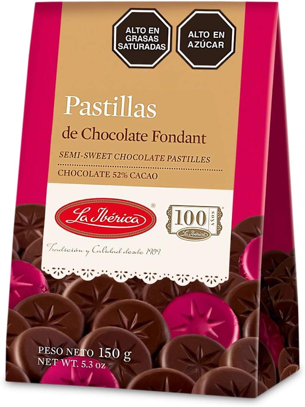 YuanKanJu La Iberica Pastillas de Chocolate Fondant 52% Cacao Peruano | Semi-Sweet Chocolate Pastilles 52% Peruvian Cocoa 5.3 oz Pack