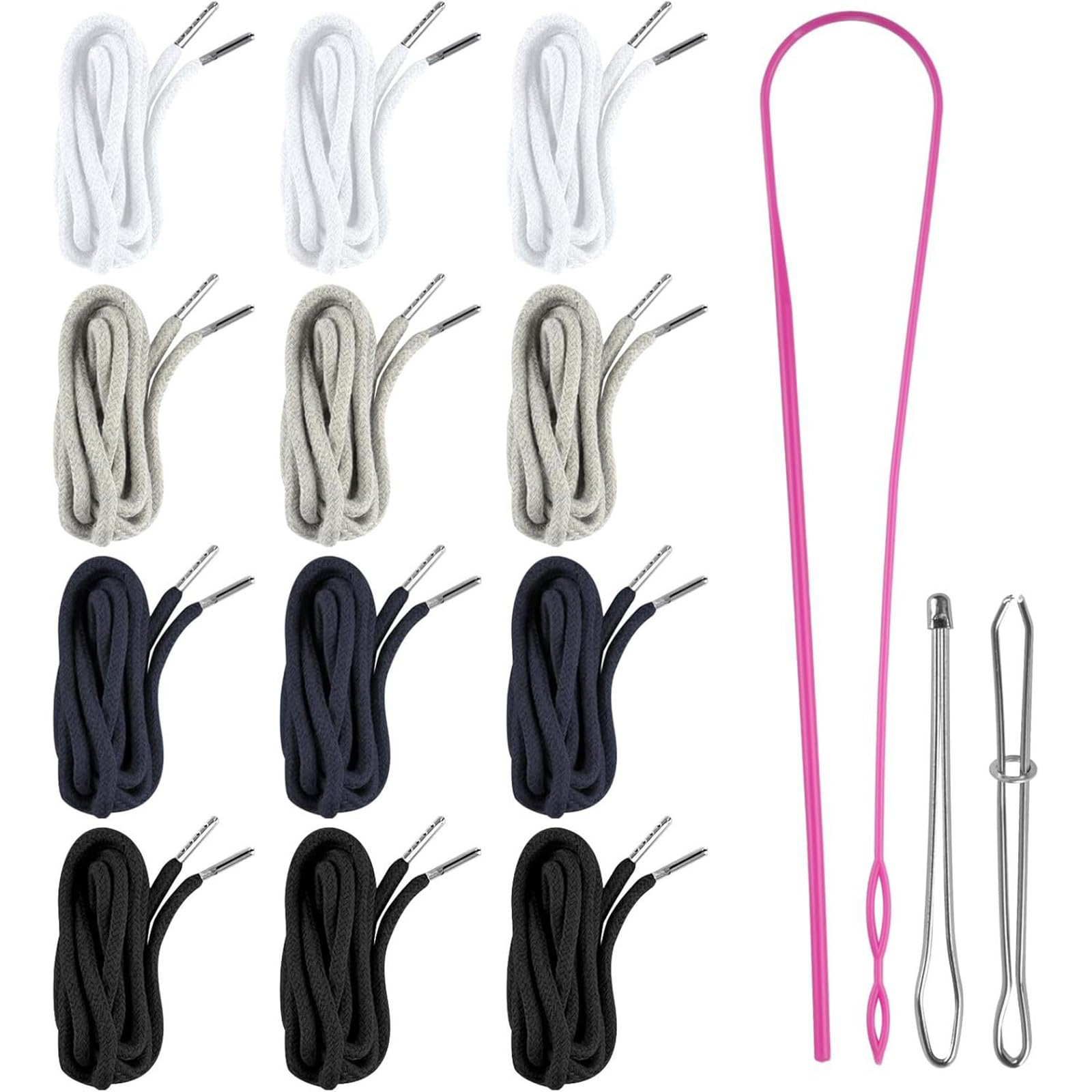 CAZSTYK 12pcs Replacement Drawcords with Threading Tool for Sweatpants Hoodie Jackets Coat Garment Drawstring Rope Repairment Sweatpants Drawstring Repair Kits