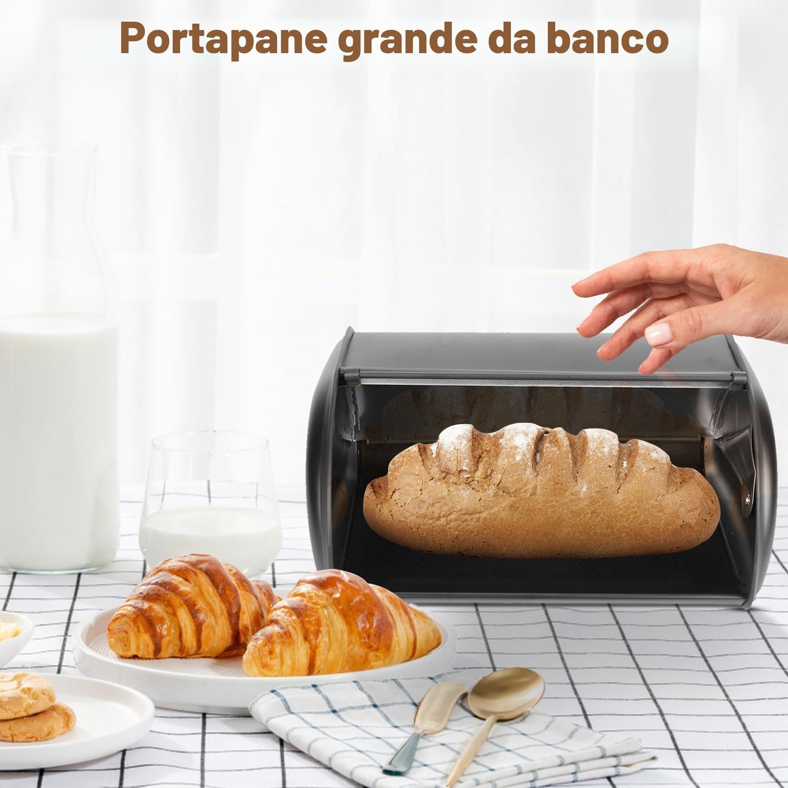 Pilipane Portapane in Acciaio Inossidabile con Coperchio Scorrevole, Contenitore Pane Moderno Antiscivolo, Grande Capacità 34x23x14.5 cm per Cucina/Tavola, Ideale per Pane Fresco e Fette Biscottate