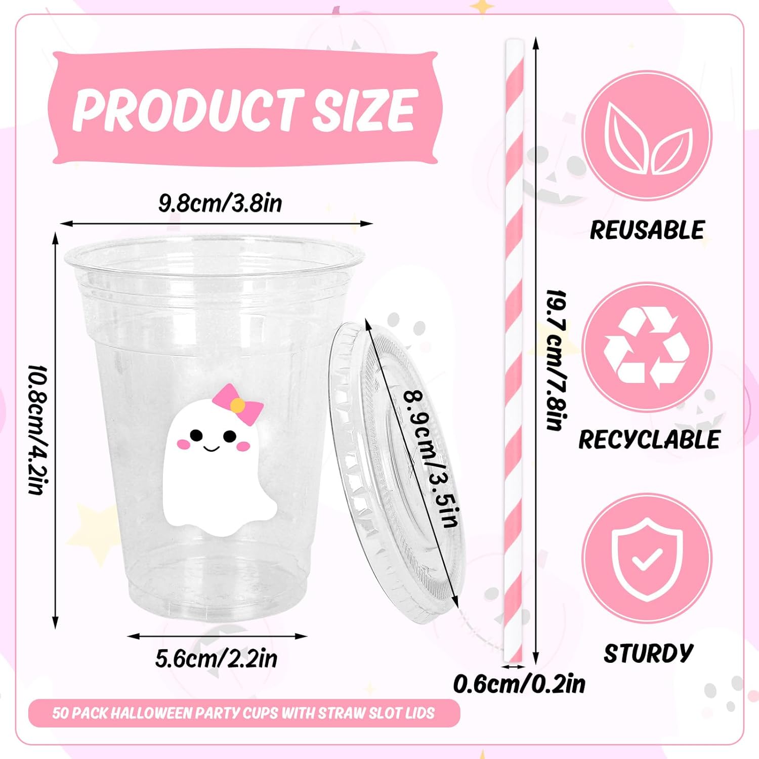 Whaline 50Pcs Halloween Disposable Plastic Cups with Lids and Straws Cute Pink White Ghost Cold Beverage Drinking Cups for Trick or Treat Birthday Party Supplies - Image 2