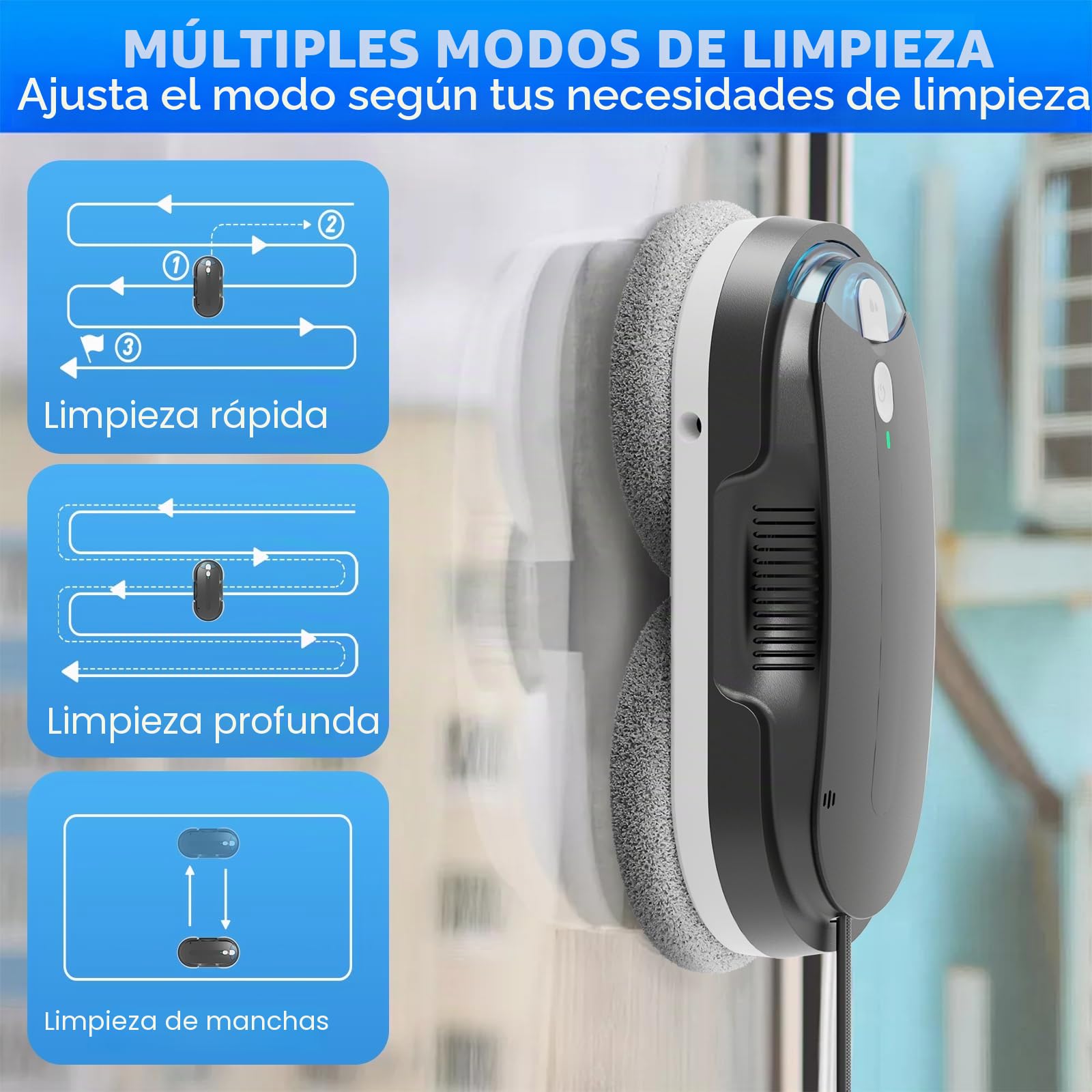 Robot Limpiacristales,2400-3200pa Robot Lavadora de Cristal Automático-Sistema de Pulverización Bidireccional, 3 Modos Limpieza, Detección de Bordes y Seguridad Anticaídas