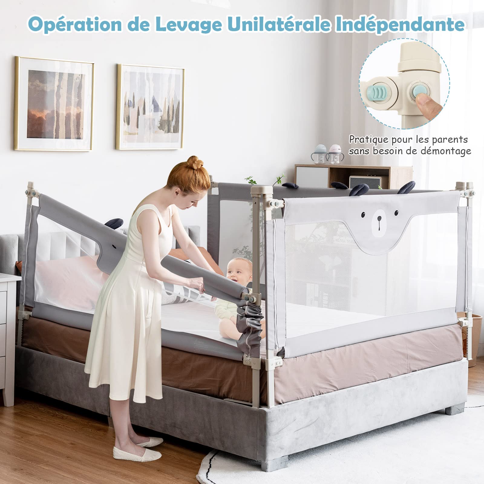 GOPLUS Barrière de Sécurité Enfant Lit Pliable, Barrière de Lit Enfant Bébé 0-3 Ans, Bords Arrondis et Maille Respirante (Gris+Motif Ours, 174,5×25×72,5 CM)