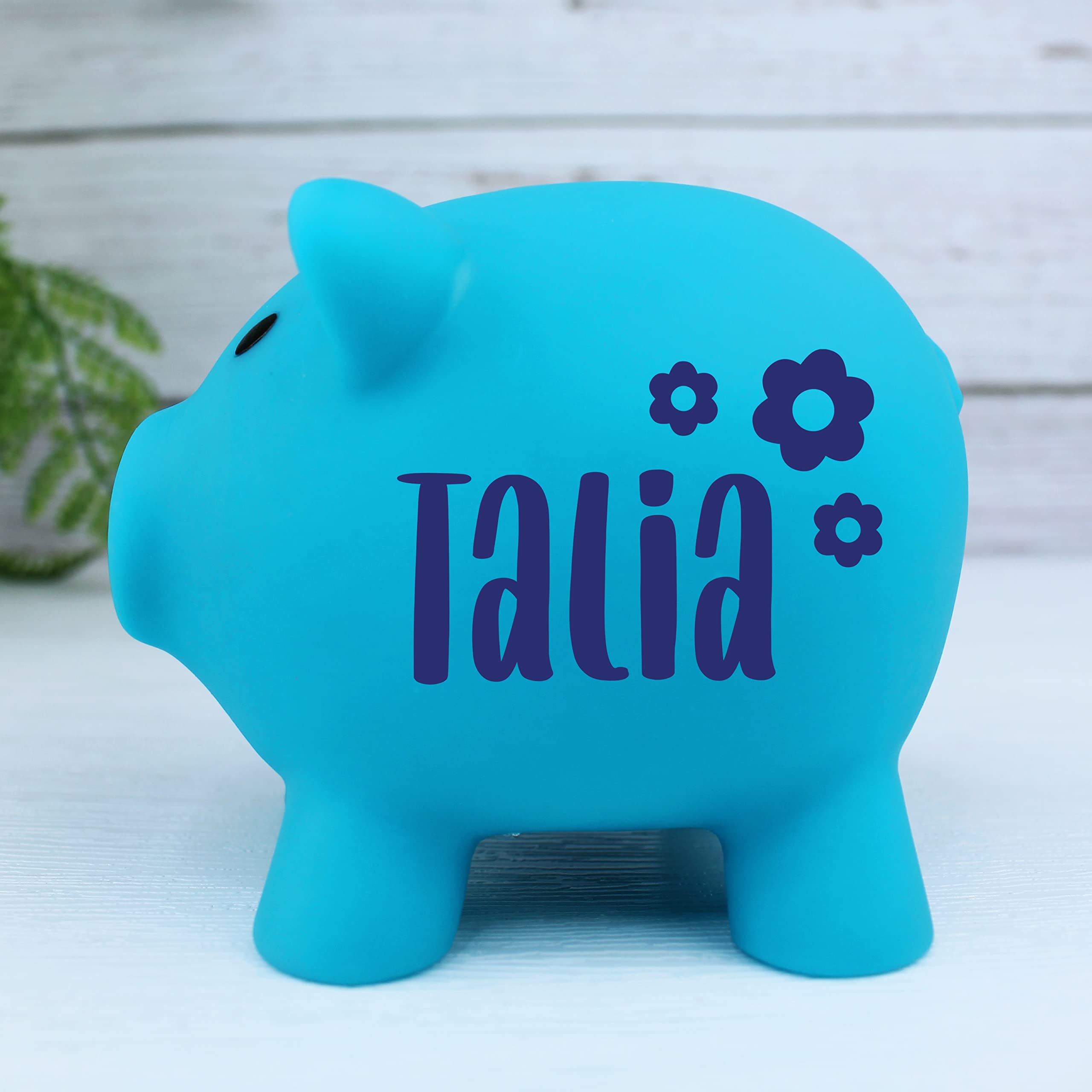 eBuyGB Personalised Plastic Piggy Bank, Kids Money Box, Saving Money Jar Keepsake for Children, Novelty Gift (Light Blue)