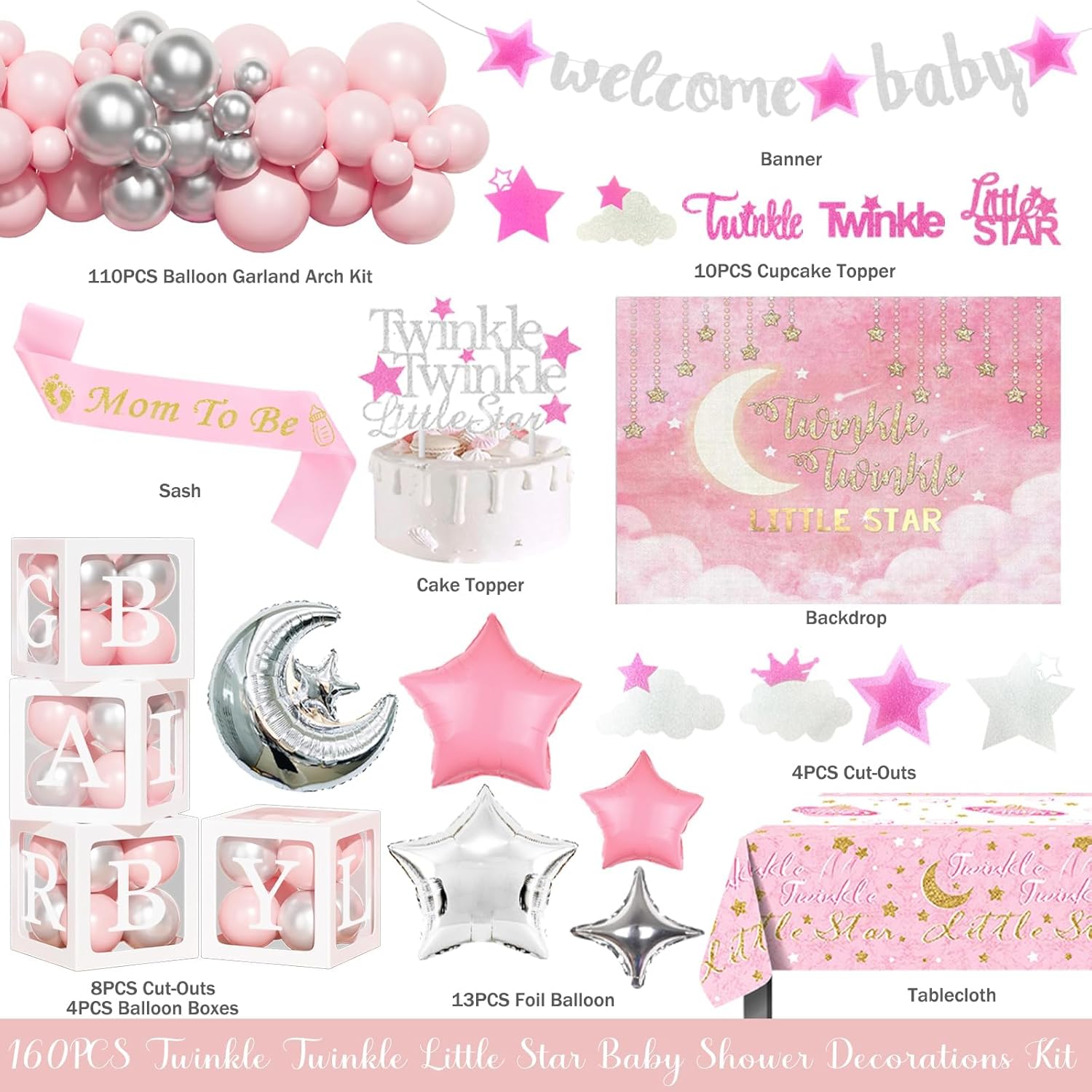 Twinkle Twinkle Little Star Baby Shower Decorations, Moon and Stars Baby Shower Decorations Backdrop Balloon Glitter Banner Tablecloth Cake Topper Sash for Space Party Supplies Pink Silver