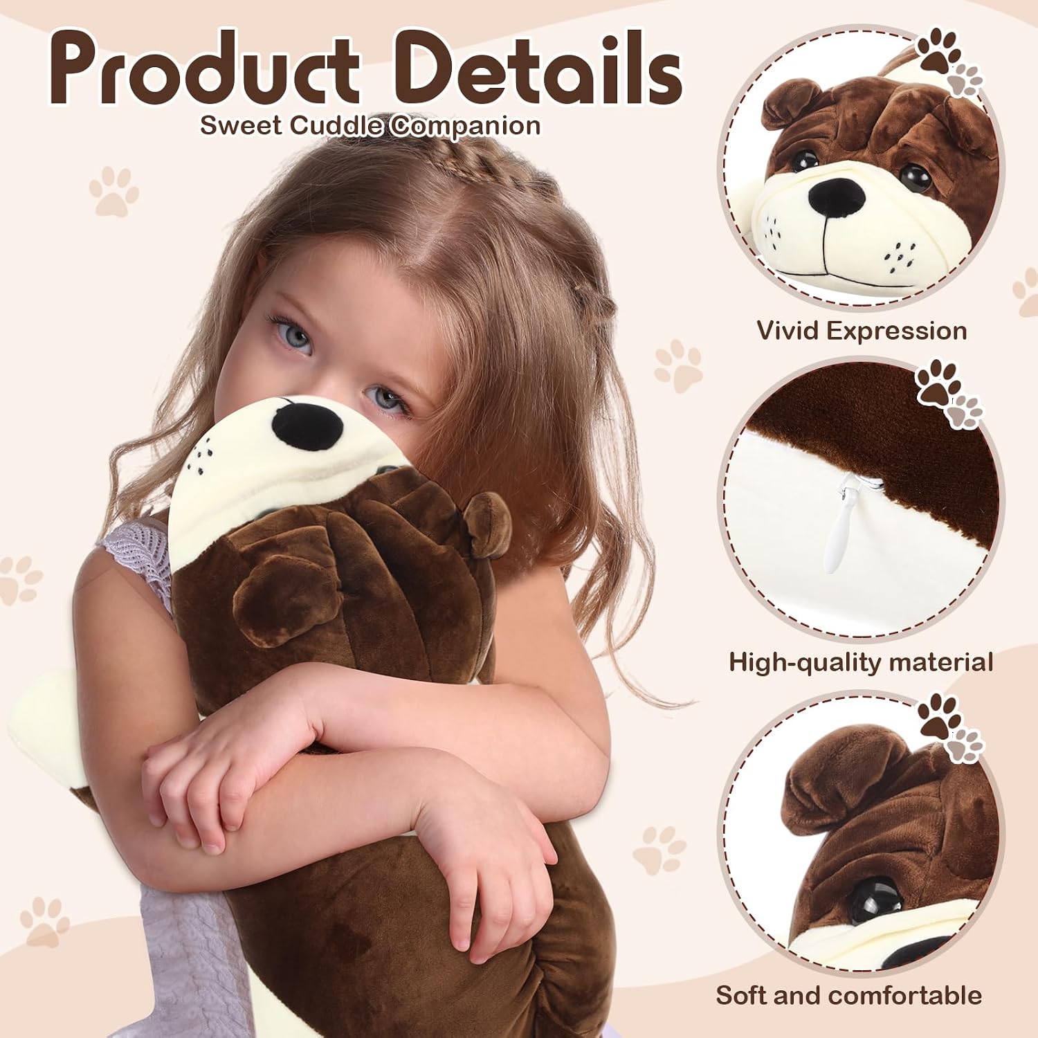 23.6" Soft Dog Plush - Huggable Stuffed Animal Pillow for Kids Birthday Gift - Brown Cuddle Puppy Toy - Washable Bedtime Companion for Boys Girls