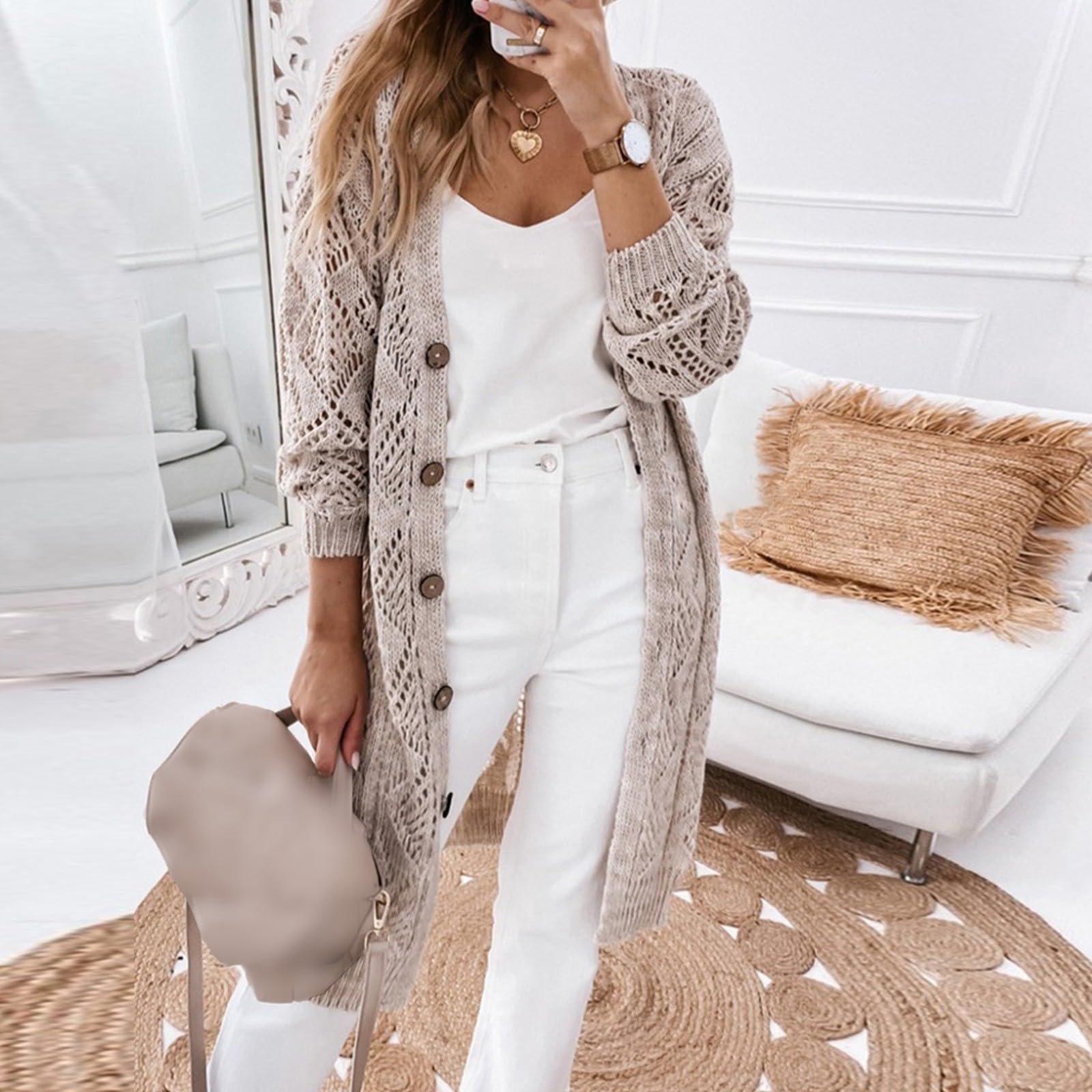 Cardigan Damen Sommer, Strickjacke Damen Lang, Jacke Sommer Leicht Strickjacken Für Damen Strick Jäckchen Einfarbig Regular Fit Übergangsjacke Longstrickjacke Frühling Langarm Leichte Sommerjacke