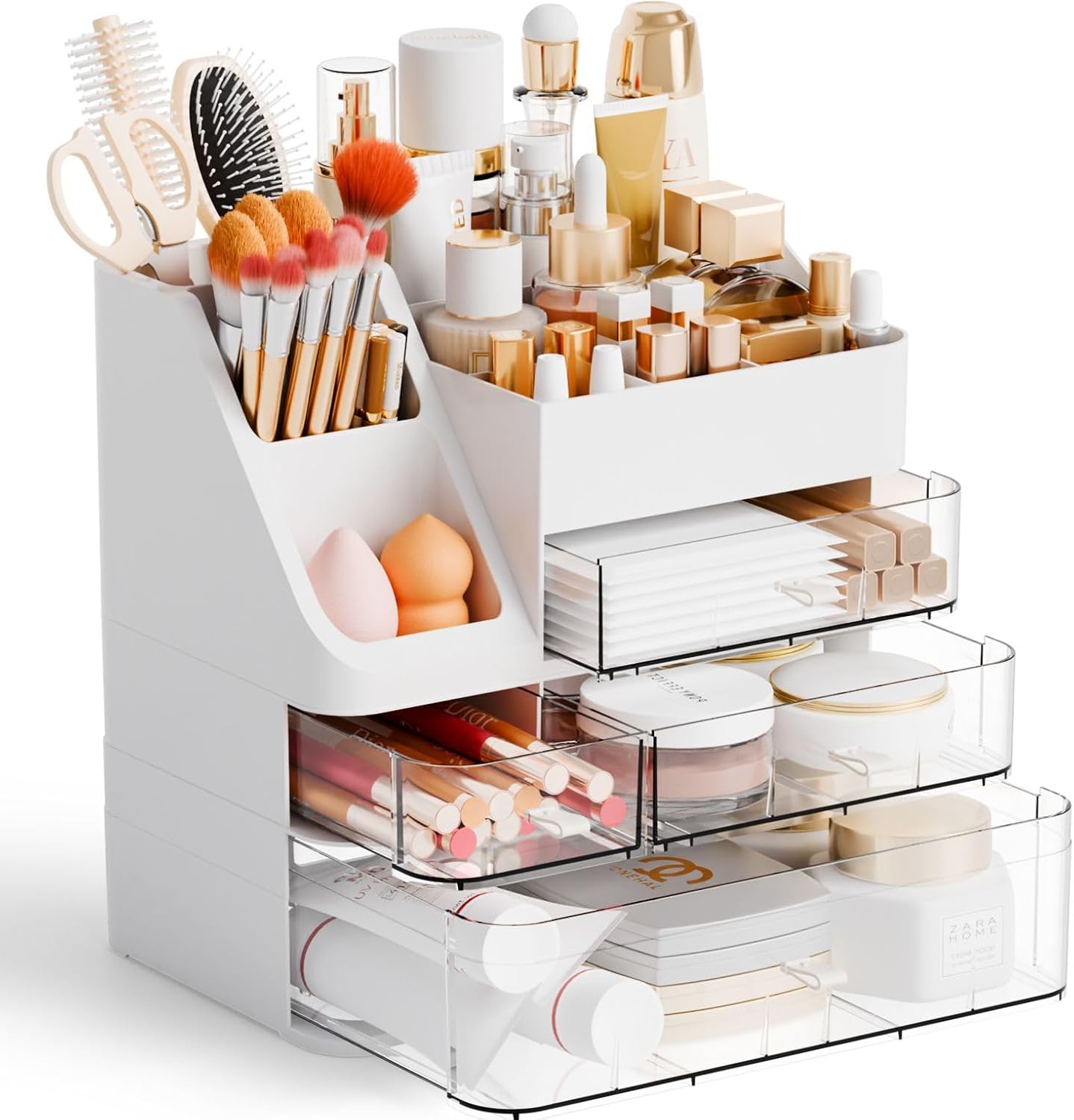 Yieach White Makeup Organizer Countertop With 4 Drawers,Large Cosmetics Storage Organizer for Brush,Hair Products,Plastic Makeup Holders and Beauty Skincare Organizers for Bathroom,Vanity,Dresser Top