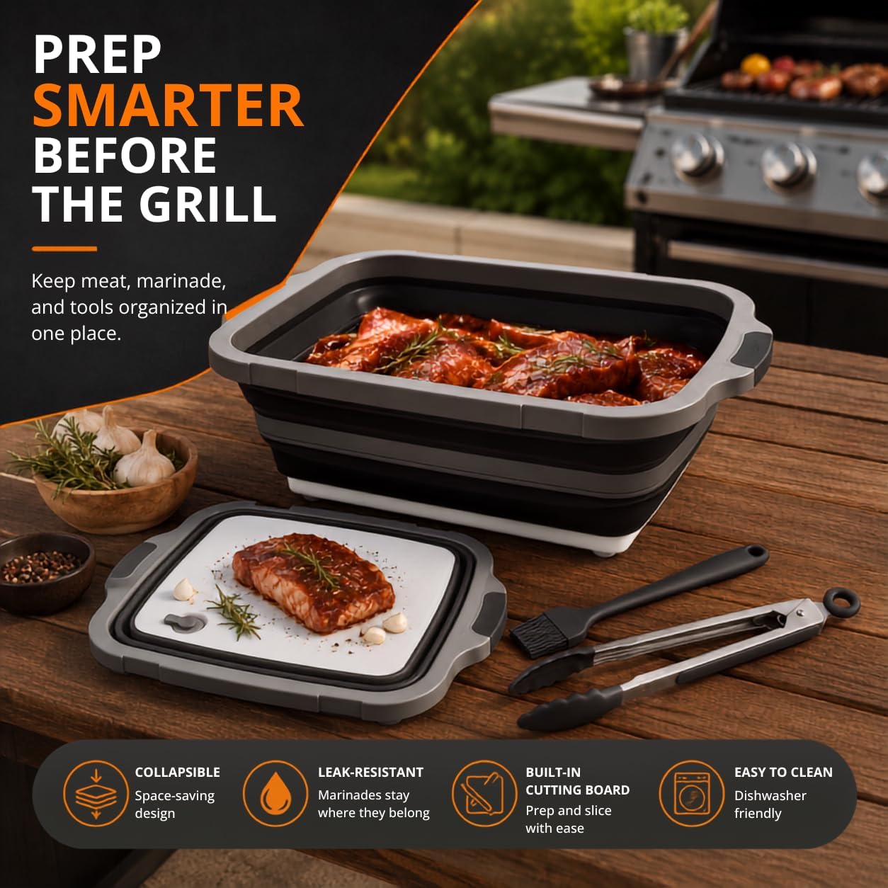 STOKE & STATION™ BBQ Prep Tub 16L Collapsible w/Lid, Cutting Board, Brush & Tweezer – Brisket Meat Resting Bin, Foldable Food Prep Container for Marinating w/Drain Plug, Camping & Grill – Black image 2
