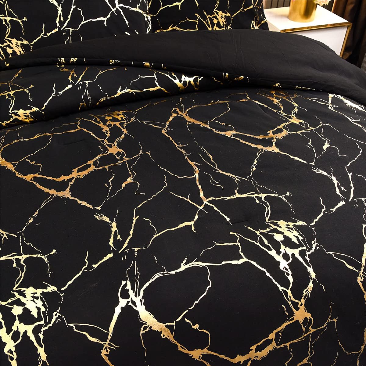 Holawakaka Gold Metallic Marble Comforter Set Queen Size Foil Print Glitter Bedding Sets,Black/Gold,Queen - Image 6
