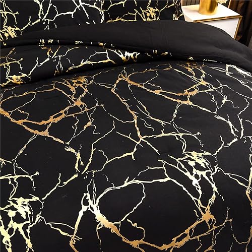 Miniatura 3 de Holawakaka - Juego de edredón con diseño de mármol metálico dorado, con líneas, brillantina y de tamaño matrimonial, color negrodorado, tamaño