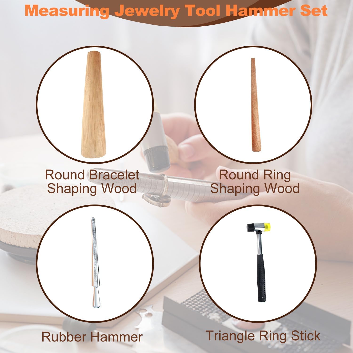 Yinpecly Metal Ring Sizer Round Mandrel Bracelet Stick Gauge Measuring Jewelry Tool Hammer Set 1Set