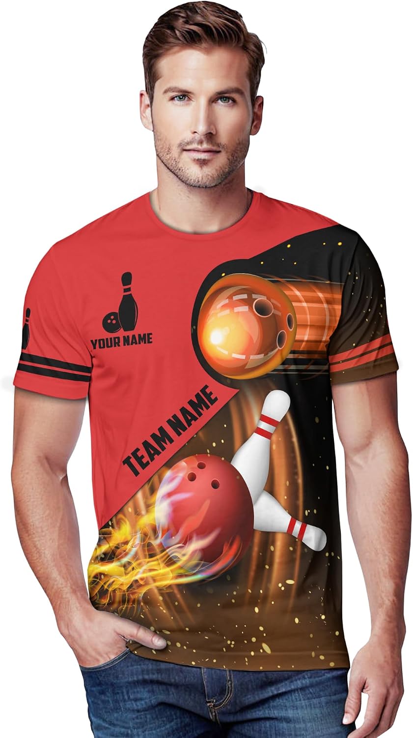 Unisex Bowling T-Shirt Custom Red Flame Bowling Ball T Shirt for Mother's Day Printing Bowling Team Clothes