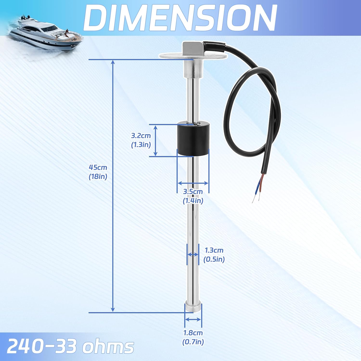 Fuel Sending Unit 240-33 ohms 18"(450mm) Stainless Steel Gas Tank Sensor for Boat Truck RV Car Universal Fuel Level Sender Marine-Grade Corrosion Resistant Water Level Sending Unit