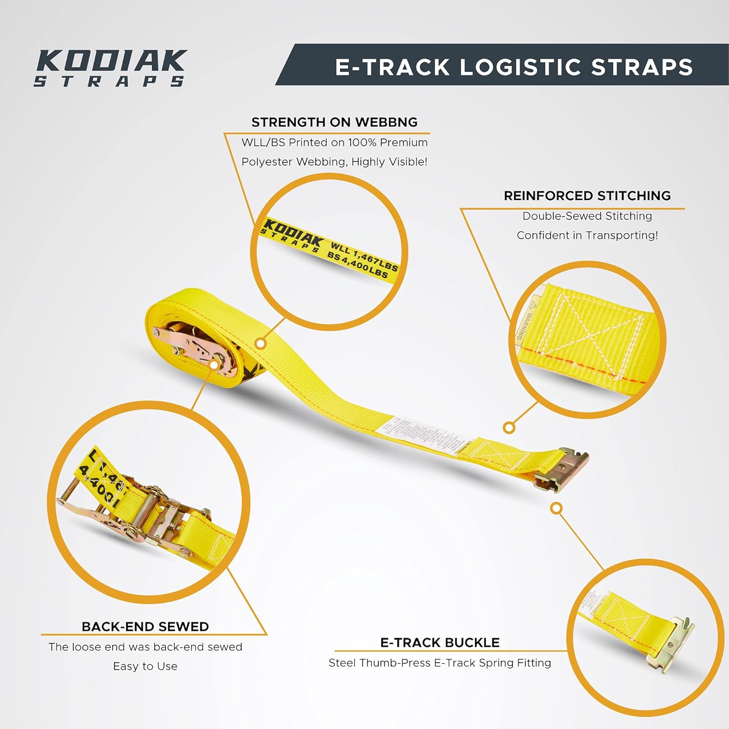 6 Pack E-Track Ratchet Straps 2" x 16' x 4,400 lbs Strength for Cargo Tie Down in Enclosed Trailer & Van by KODIAK STRAPS
