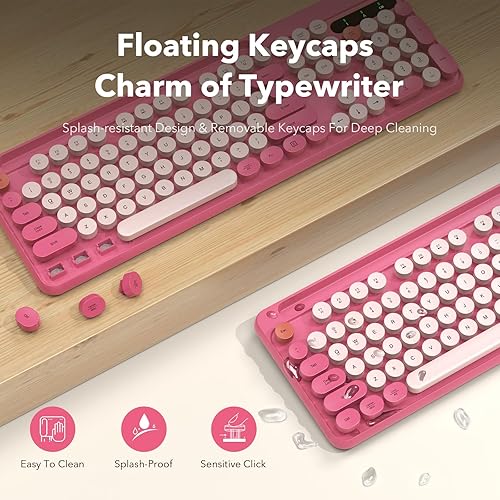 Miniatura 3 de Combo de teclado y mouse inalámbricos, teclas redondas retro, lindo teclado de máquina de escribir de tamaño completo con soporte para teléfono,