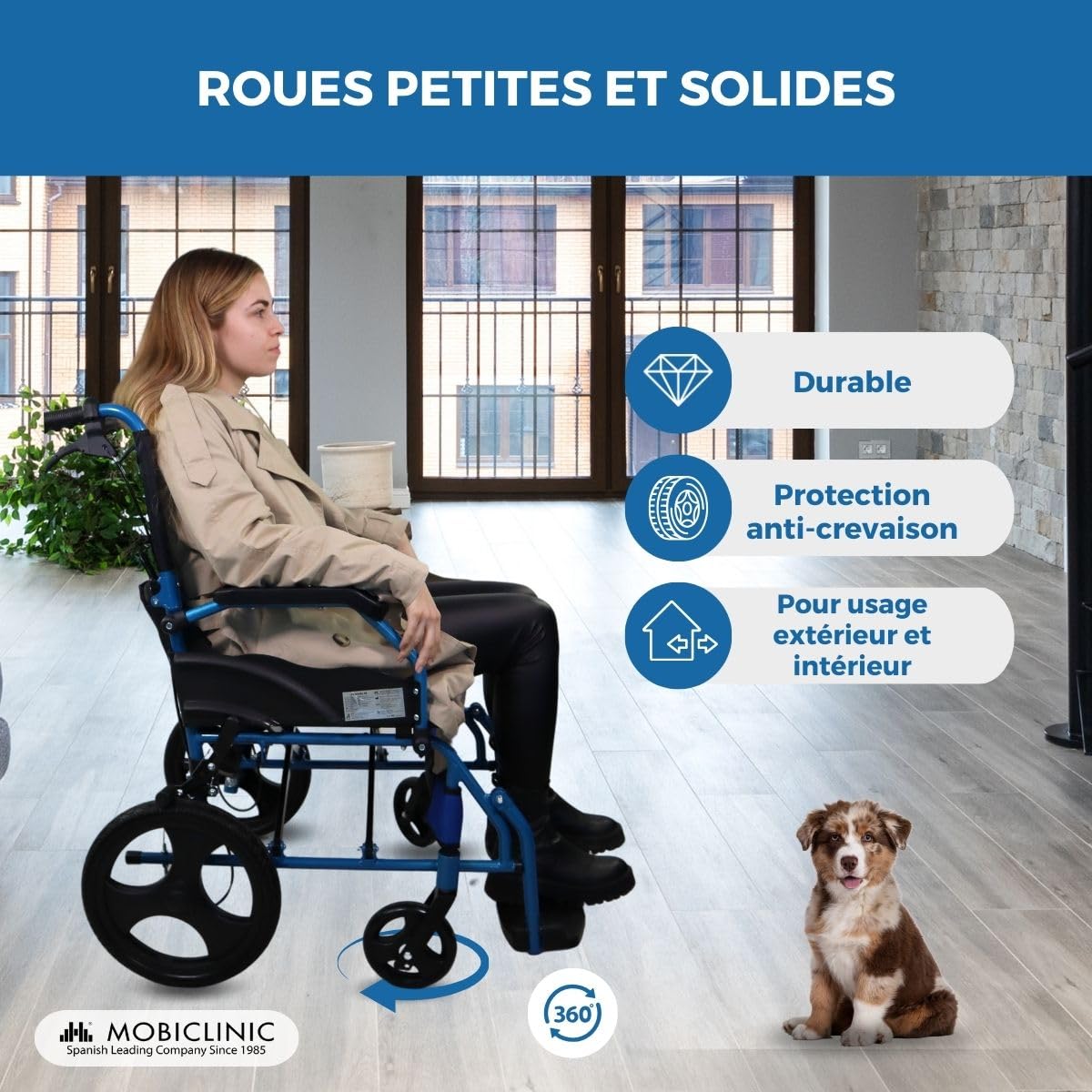 Mobiclinic, Fauteuil roulant de transit, Mod pirámide, Aluminium, Pliable, Frein sur poignées, Pour personnes âgées, Repose-pieds, Accoudoirs, Léger, Siège 46 cm,