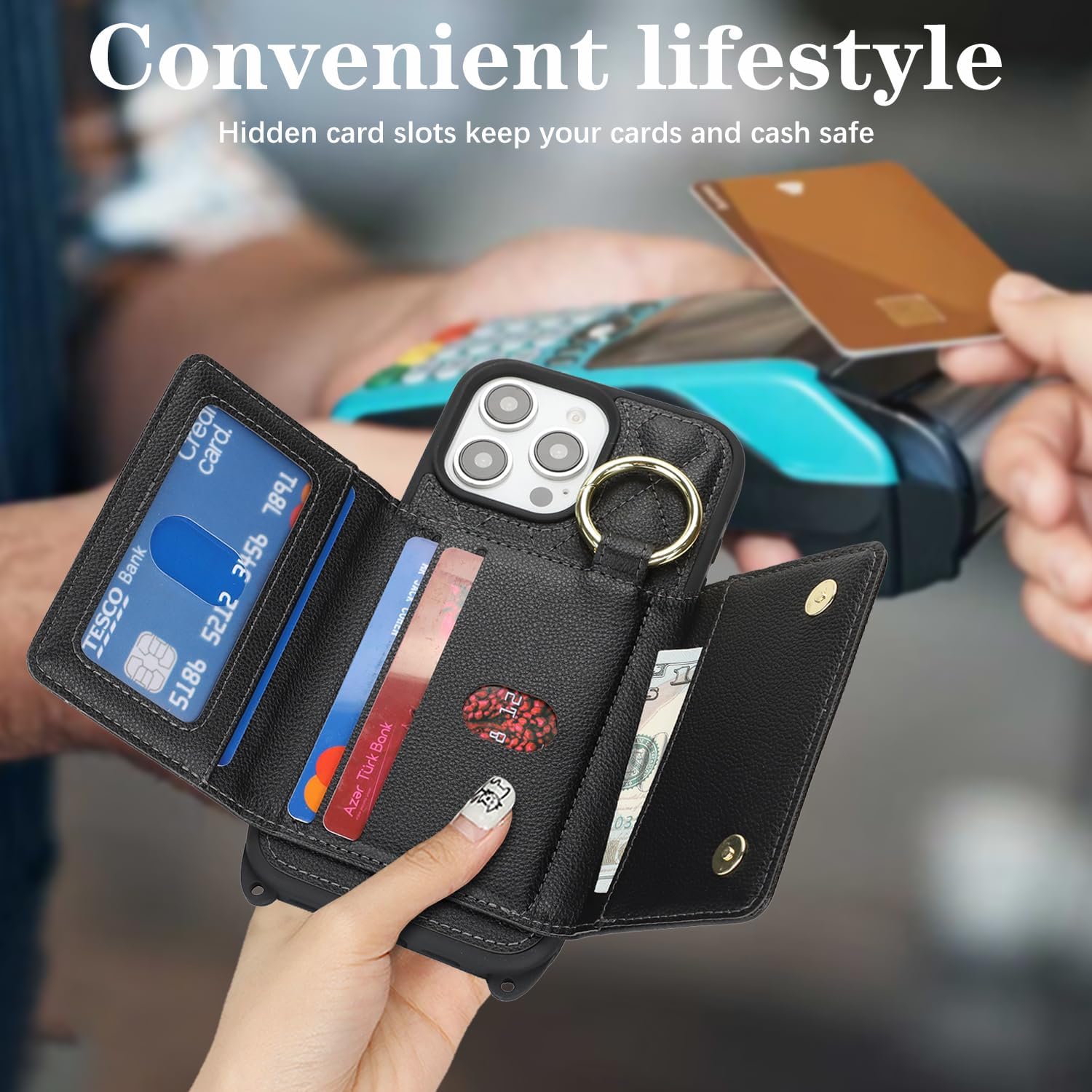 for iPhone 16 Pro Max Case with Card Holder and Strap for Women,Crossbody Lanyard, Make Up Mirror,Ring Stand,Snap Clasp,Cute Phone Wallet Cases 6.9 inch - Black - Image 3