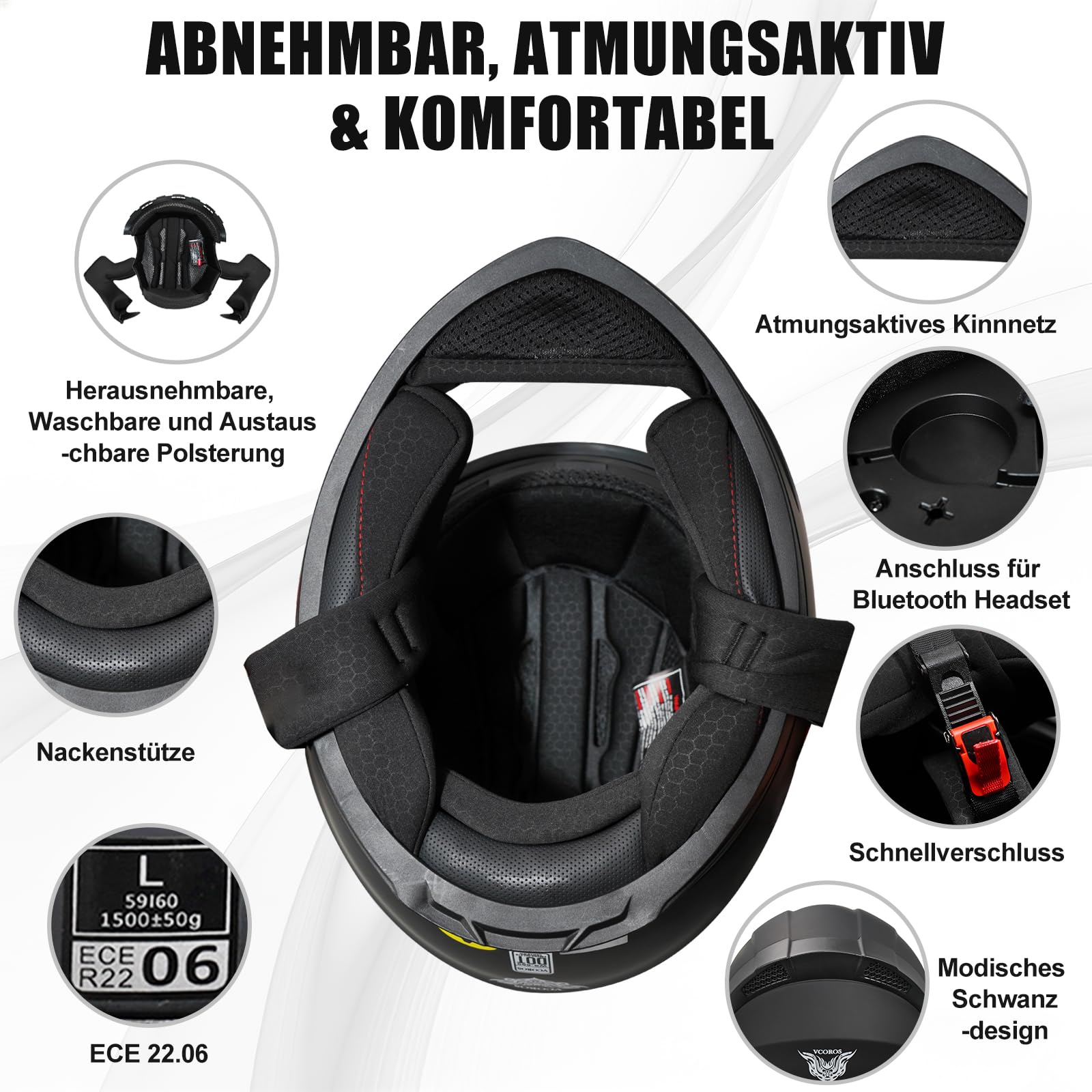 VCOROS Casco integral para adultos unisex WS-609 casco de moto con visera parasol transpirable ECE 22.06 certificado ECE 22.06 casco integral casco integral para moto scooter carreras