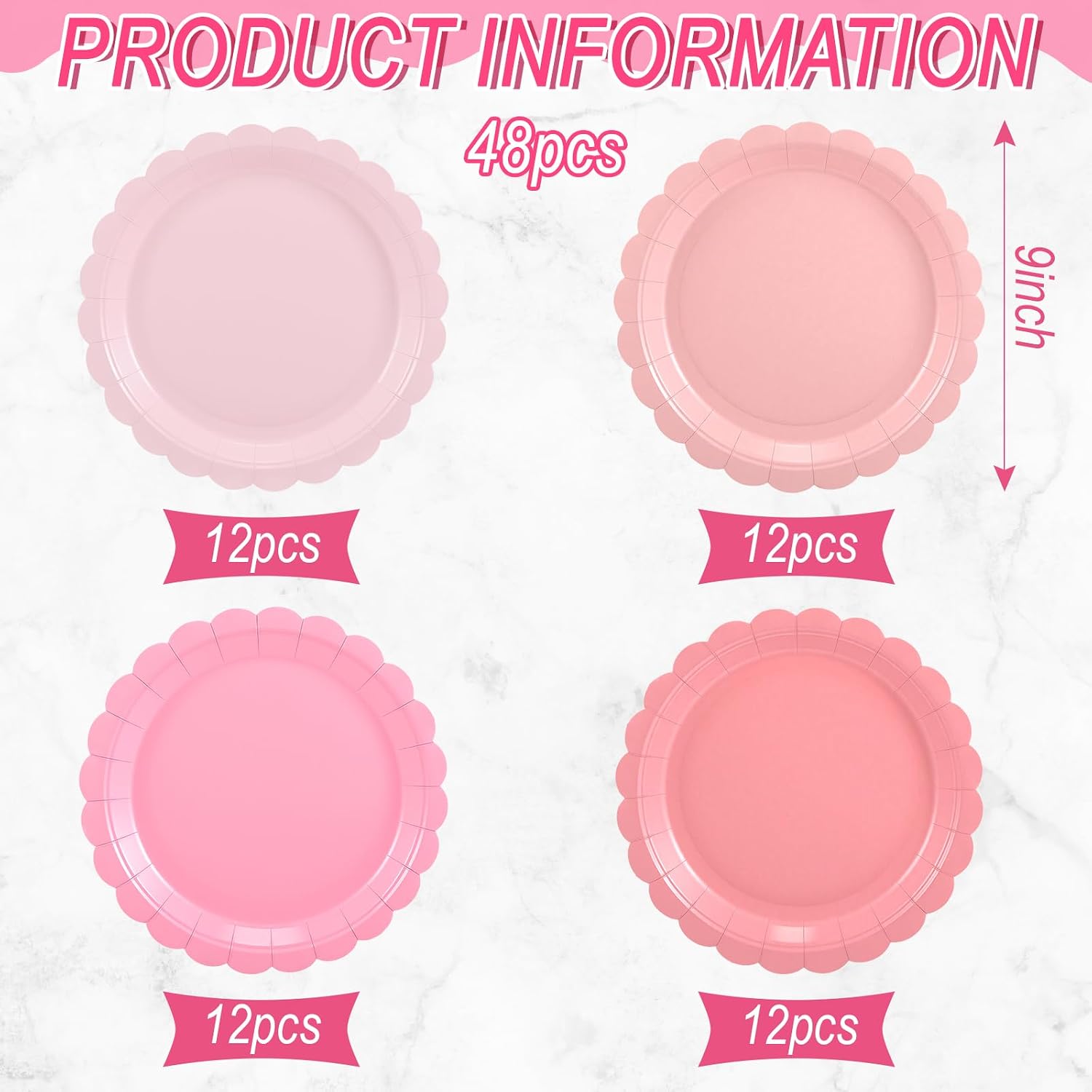 Ziliny 48 Pcs Pink Scalloped Party Plates 9 Inch Gradient Paper Plates Disposable Dinner Dessert Charger for Birthday Coquette Bow Wedding Baby Bridal Shower Party Supplies image 2