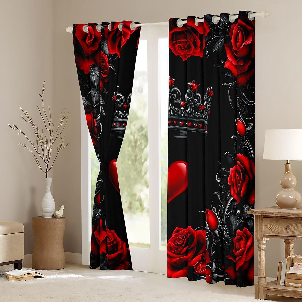 Castle Fairy Black Crown Window Drapes for Girls Boys Red Heart Rose Blackout Curtains Gothic Romantic Floral Window Curtains Living Room Bedroom Decor Luxury Retro Style 2 Panel Sets,52Wx63L inch