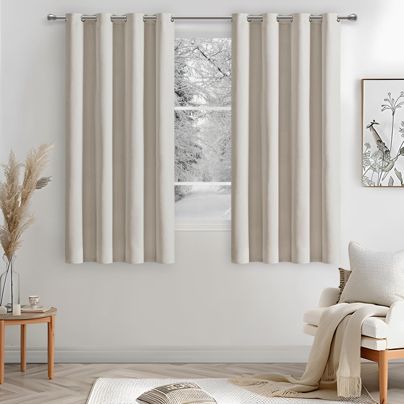 MRTREES 100% Cortinas Opacas para Ventanas 132x160 cm, Cortinas Dormitorio Matrimonio Termicas Aislantes Frio y Calor 2 Piezas, Cortina Blackout de Lino Beige con Ojales para Cocina Comedor
